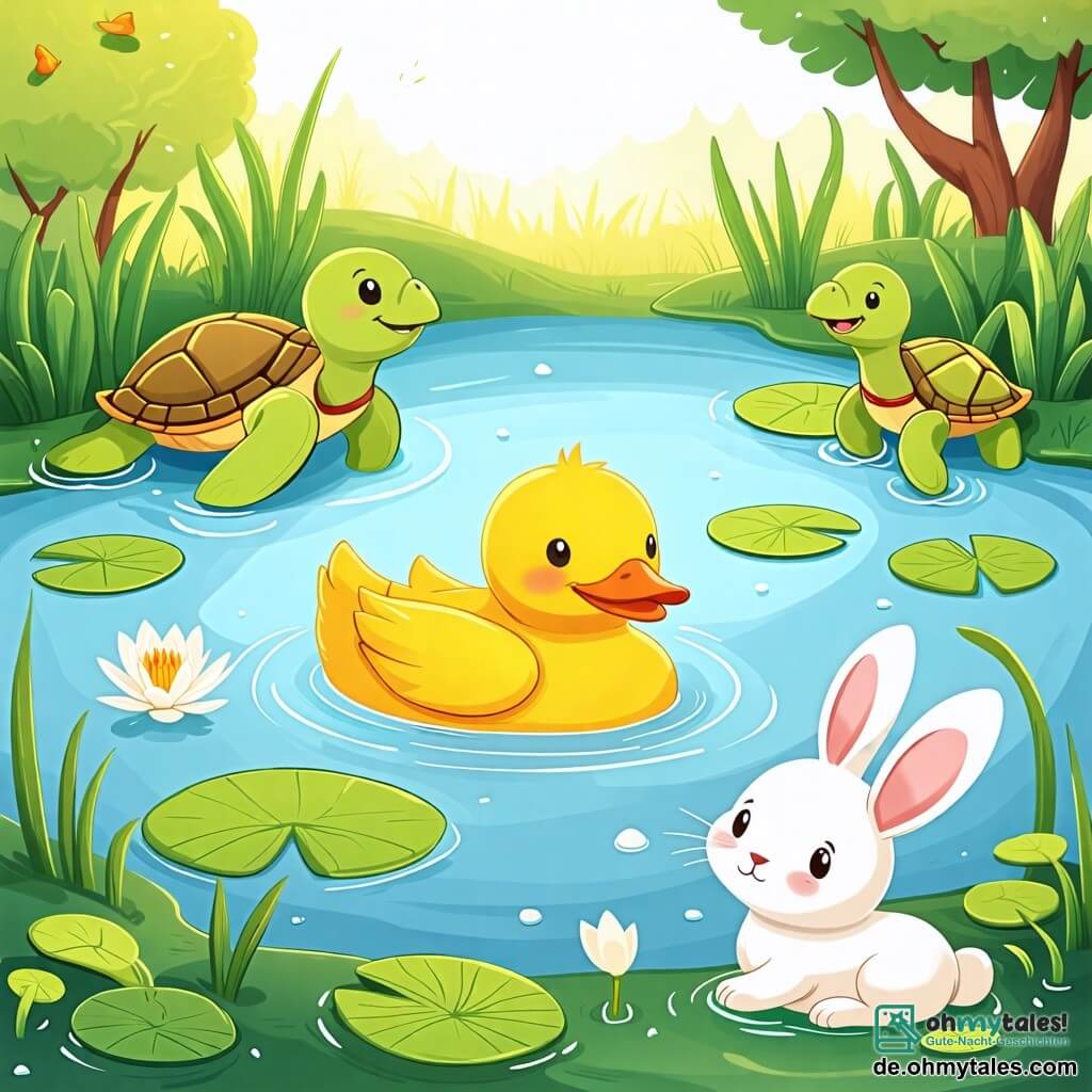 Une illustration sous forme de dessin destinée aux enfants représentant un paisible étang entouré de verdure, avec un canard jaune aux plumes brillantes qui nage joyeusement dans l'eau, tandis qu'une tortue verte souriante observe depuis le bord, et un petit lapin blanc, tremblant d'excitation, s'apprête à plonger dans l'eau, le tout baigné par la douce lumière du soleil et des nénuphars flottants.