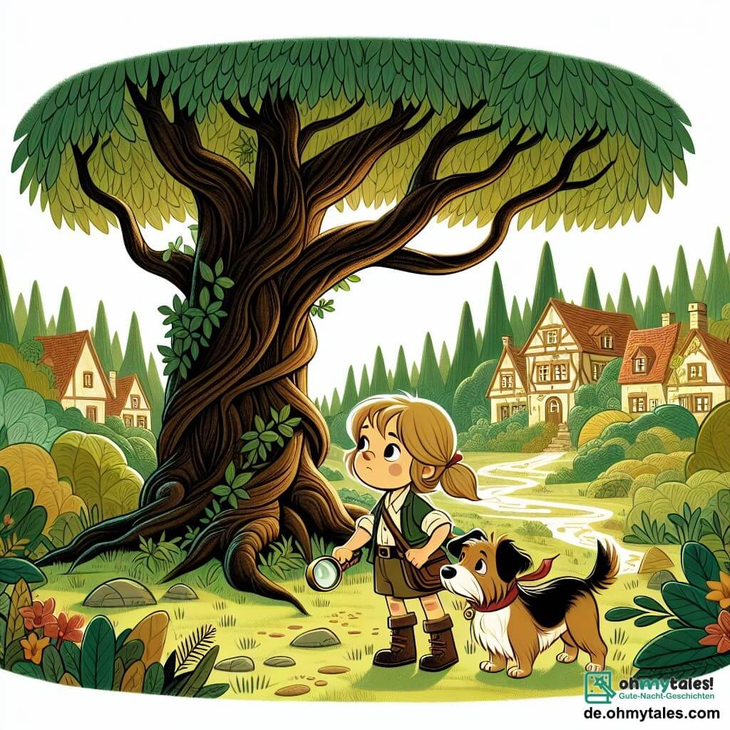 Une illustration destinée aux enfants représentant une petite fille curieuse et déterminée, accompagnée de son fidèle chien Bello, observant un grand arbre majestueux aux feuilles fatiguées, dans un village verdoyant entouré d'un vaste et mystérieux bois.