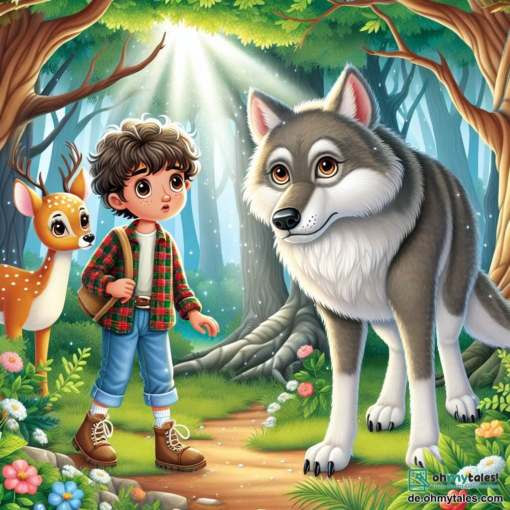 Une illustration sous forme de dessin destinée aux enfants représentant une clairière enchantée au cœur d'une forêt dense, où un garçon de 9 ans aux cheveux bouclés et aux yeux brillants, vêtu d'une chemise à carreaux et de pantalons en toile, se tient courageusement face à un grand loup aux yeux perçants et au pelage gris, tandis qu'un petit faon aux grands yeux tristes observe la scène depuis un buisson, illustrant le moment où le garçon tente de convaincre le loup de changer de comportement et de devenir ami, avec des rayons de soleil filtrant à travers les branches des arbres et des fleurs colorées éparpillées autour d'eux.