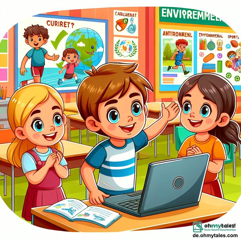 Une illustration destinée aux enfants représentant un garçon curieux et déterminé, travaillant avec deux filles enthousiastes, dans une salle de classe colorée et animée par des affiches sur l'environnement et le sport.
