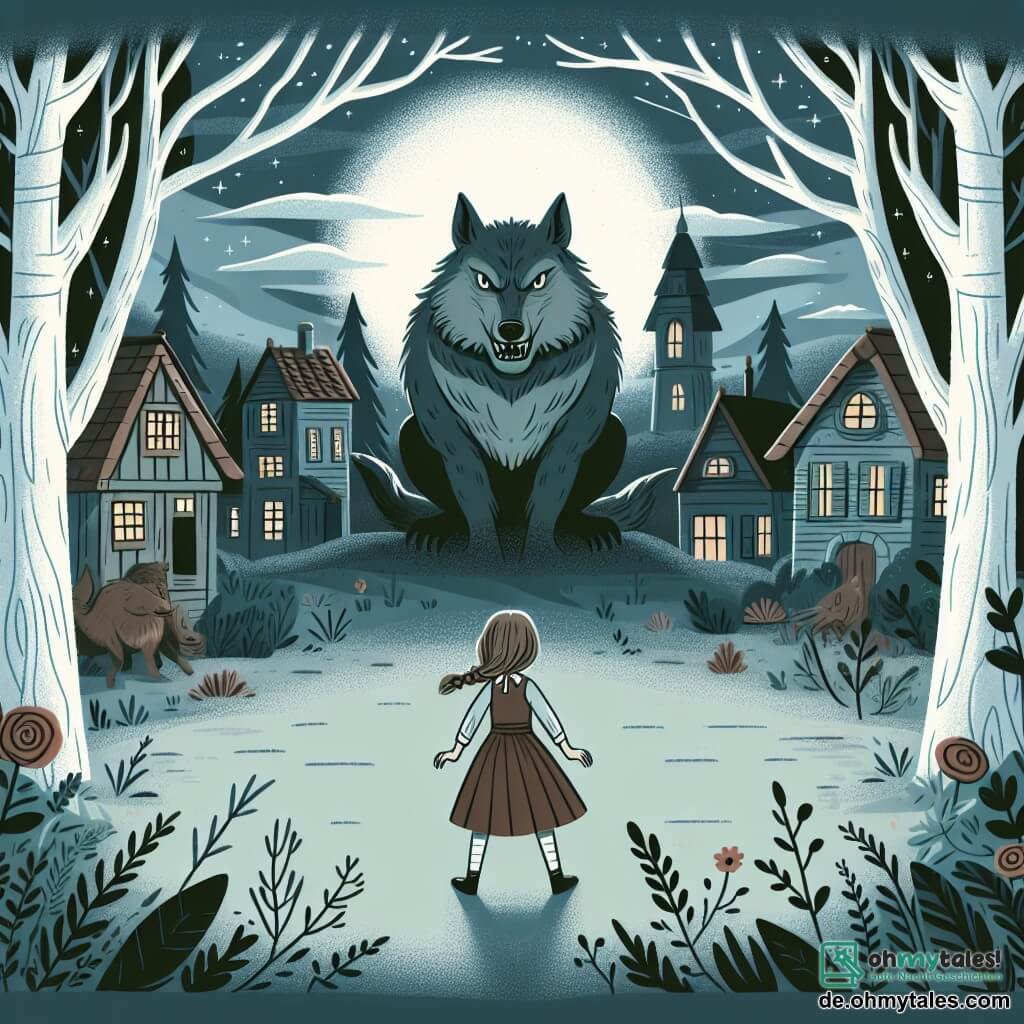 Une illustration destinée aux enfants représentant une fillette courageuse se trouvant face à un grand méchant loup dans une forêt sombre et mystérieuse, avec en arrière-plan un petit village paisible.