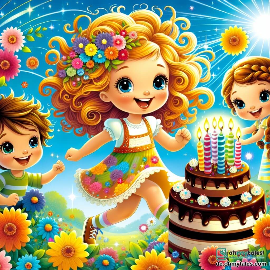 Une illustration destinée aux enfants représentant une petite fille aux cheveux dorés et bouclés, pleine d'énergie et de joie, sautillant dans un jardin éclatant de couleurs vives, où des fleurs multicolores dansent sous la brise légère, entourée de ses deux meilleurs amis, un garçon espiègle aux yeux pétillants et une fille souriante aux tresses soignées, tous impatients de célébrer un anniversaire magique avec un grand gâteau au chocolat décoré de bougies scintillantes, tandis que le soleil brille haut dans un ciel bleu azur, créant une atmosphère festive et chaleureuse.