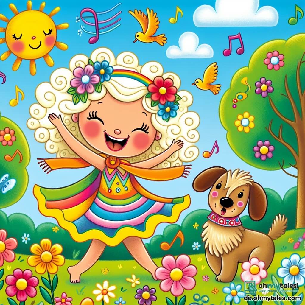 Illustration eines sonnigen Parks, gefüllt mit bunten Blumen und grünen Bäumen. In der Mitte steht eine Frau mit lockigem, blondem Haar, die ein farbenfrohes Superheldenkostüm mit einem wehenden Umhang trägt und mit einem großen Lächeln auf dem Gesicht ihre großen Ohren wackelt. An ihrer Seite schaut ein kleiner brauner Hund mit hängenden Ohren und funkelnden Augen neugierig und begeistert zu ihr auf. Die Frau und der Hund tanzen fröhlich, umgeben von schwebenden Musiknoten und Vögeln, die in den Bäumen singen. Im Hintergrund sorgt ein hellblauer Himmel mit ein paar weißen Wolken für eine leichte Note in dieser amüsanten und lebhaften Szene.