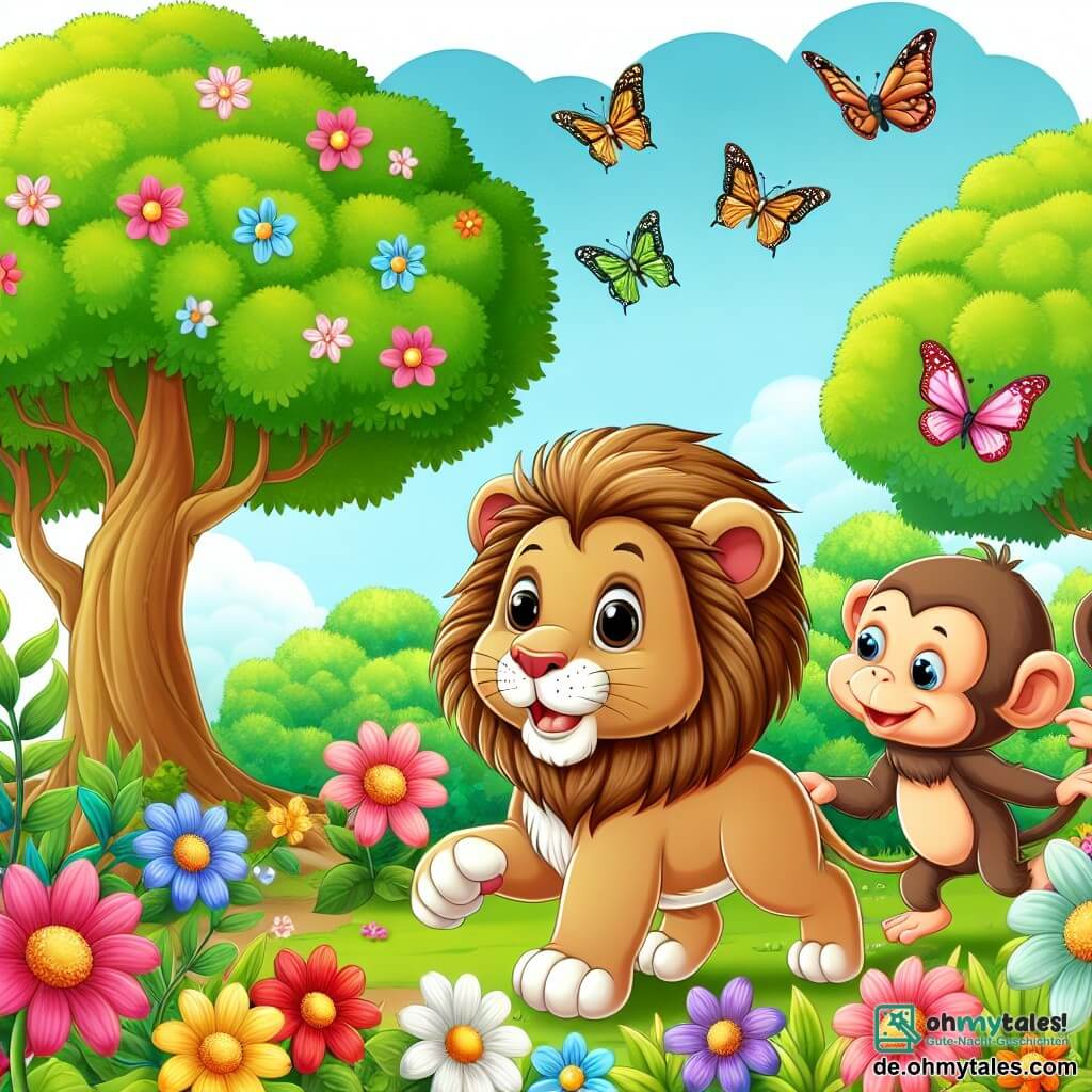 Une illustration destinée aux enfants représentant un lionceau curieux et joyeux, accompagné d'un singe farceur, explorant un jardin luxuriant rempli de fleurs colorées, d'arbres majestueux et de papillons virevoltants.