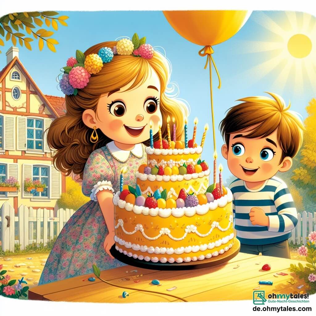 Une illustration sous forme de dessin destinée aux enfants représentant un jardin ensoleillé et coloré dans le village de Knuddelhausen, avec une fille de 7 ans aux cheveux bouclés et bruns, portant une robe à fleurs, qui sourit joyeusement en tenant un grand gâteau doré attaché à un ballon coloré, tandis qu'un garçon aux yeux bleus et aux cheveux châtains, vêtu d'un t-shirt rayé, l'observe avec émerveillement, alors qu'ils célèbrent ensemble leur défi impossible de faire voler un gâteau.