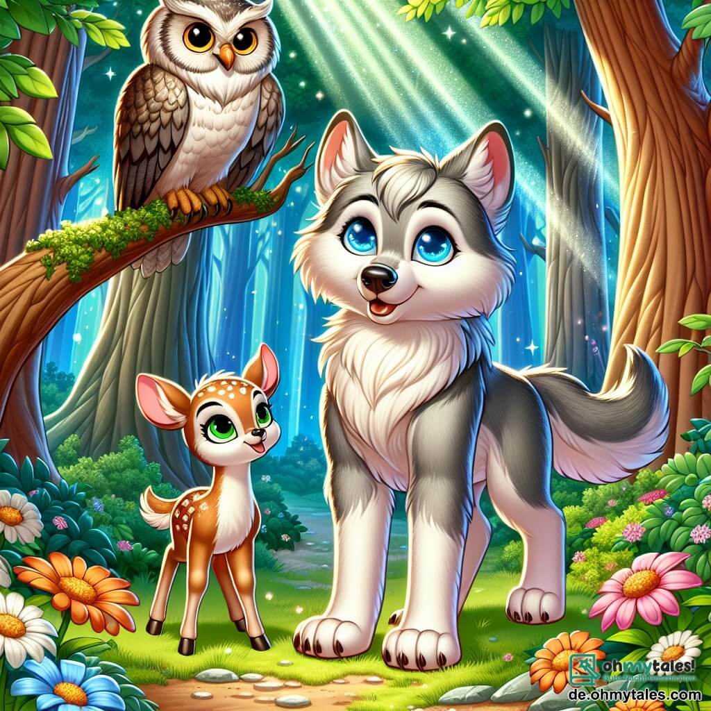 Illustration einer verzauberten Lichtung in einem magischen Wald, wo majestätische Bäume mit dicken Stämmen in den blauen Himmel ragen, der mit flauschigen weißen Wolken gesprenkelt ist. In der Mitte dieser Lichtung steht ein junger Wolf mit silbergrauem Fell und leuchtend blauen Augen, stolz und entschlossen, bereit, eine Herausforderung anzunehmen. An seiner Seite ein kleines Rehkitz mit glänzenden Augen und weißen Flecken auf seinem hellbraunen Fell, das den Wolf bewundernd und begeistert anblickt. Gemeinsam stehen sie vor einer großen, weisen Eule, die auf einem Ast sitzt und Rätsel zu stellen scheint, umgeben von grünen Blättern und bunten Blumen. Die Szene ist voller Magie, mit Lichtstrahlen, die durch die Blätter filtern und das neugierige Gesicht des Wolfes sowie das fröhliche Lächeln des Rehkitzes erhellen, während eine sanfte Brise die Blumen um sie herum tanzen lässt.
