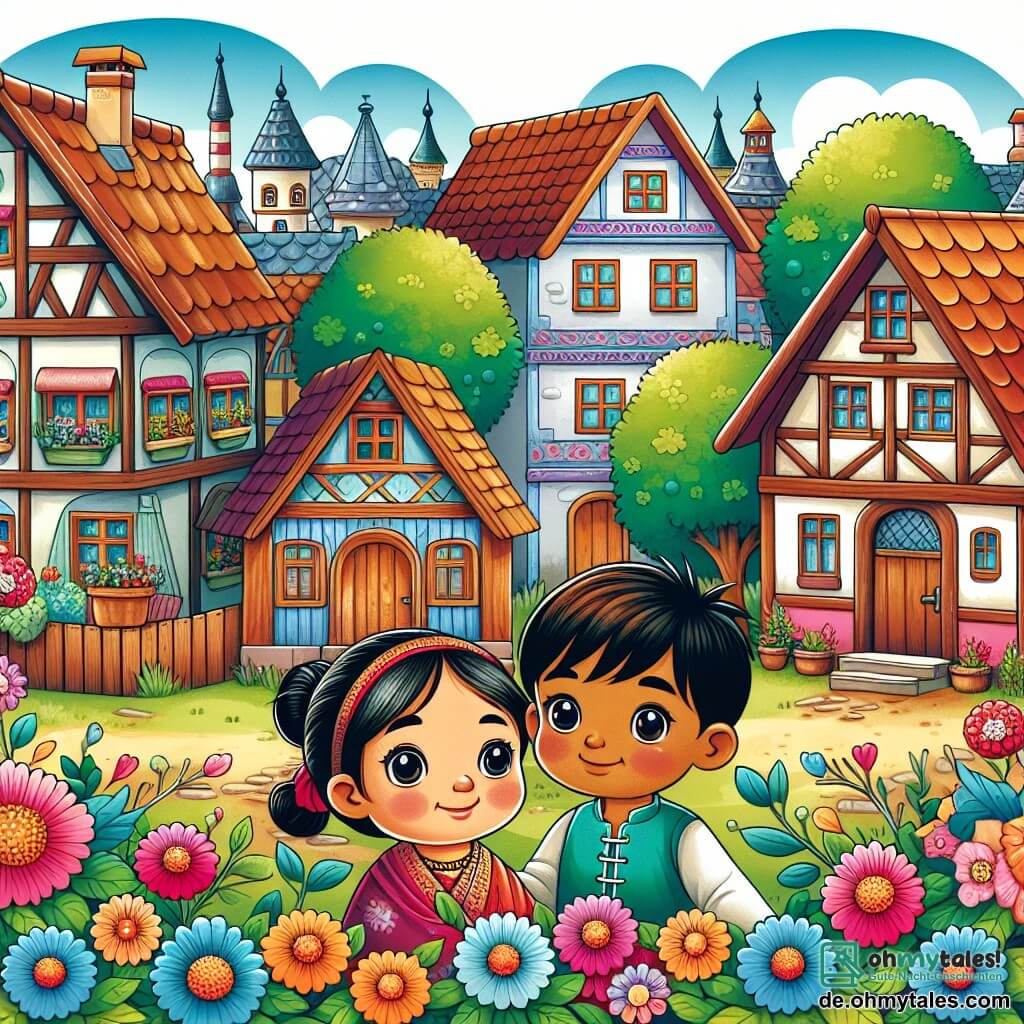 Une illustration destinée aux enfants représentant un garçon aux cheveux en bataille et aux yeux curieux vivant dans une petite maison modeste avec sa mère, une femme aimante aux cheveux noués en un chignon, entourée de fleurs colorées, dans la paisible ville de Greifenberg.