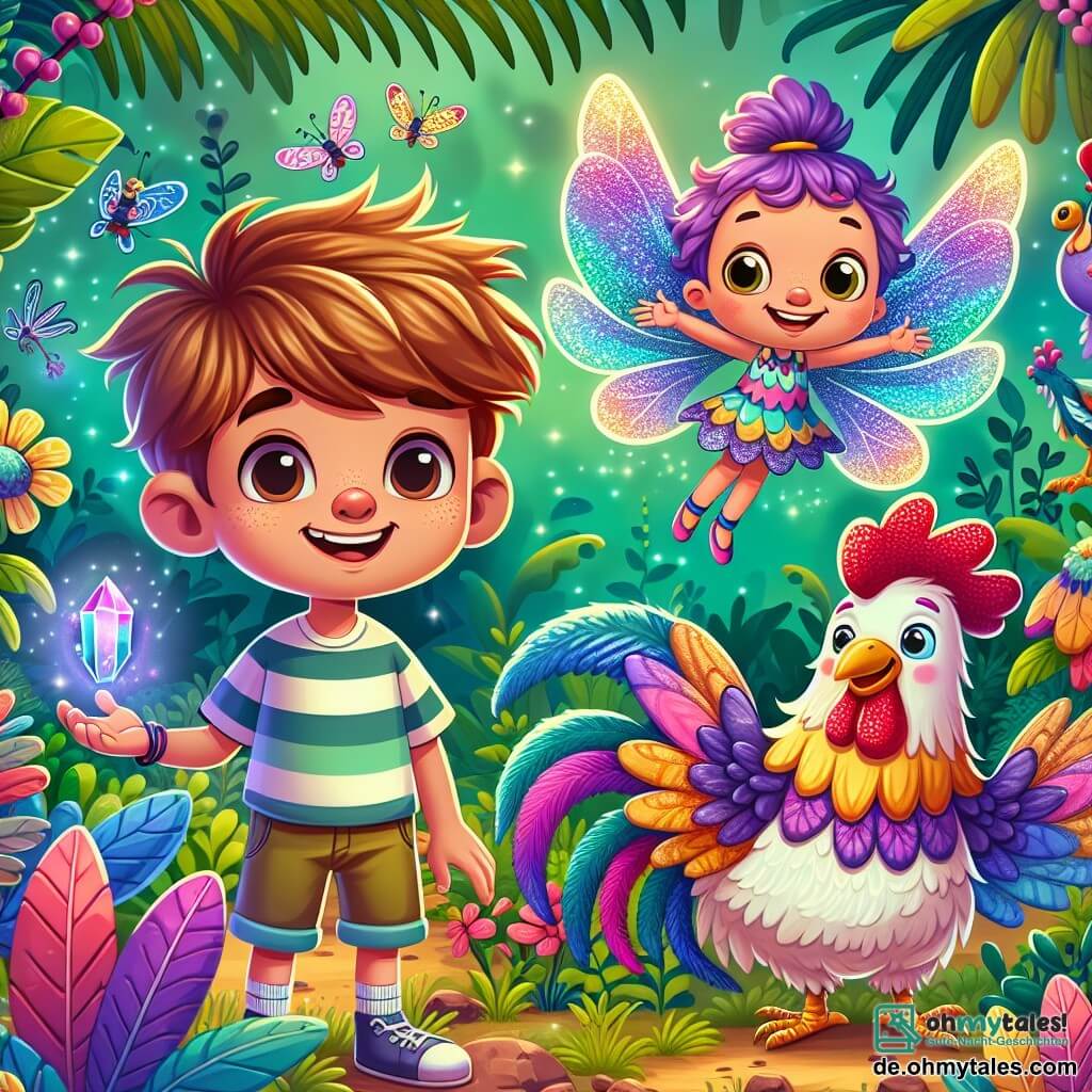 Une illustration sous forme de dessin destinée aux enfants représentant un jardin magique aux couleurs vives, avec un garçon de 7 ans aux cheveux bruns en bataille, portant une t-shirt rayé et un short, qui sourit en tenant un petit cristal scintillant dans sa main, tandis qu'une petite fée aux ailes brillantes et aux cheveux violets vole autour de lui, et un drôle de poulet géant aux plumes multicolores se tient à côté, le regardant avec curiosité alors qu'ils se préparent à partir à l'aventure pour retrouver un biscuit magique perdu.