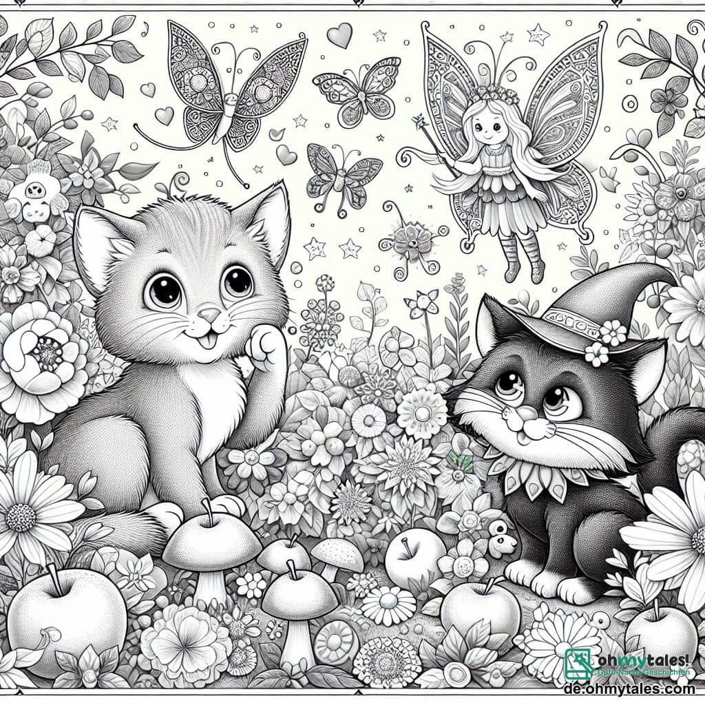 Une illustration destinée aux enfants représentant un petit chat curieux, une fée mystérieuse, et un jardin magique rempli de fleurs colorées et de fruits juteux.