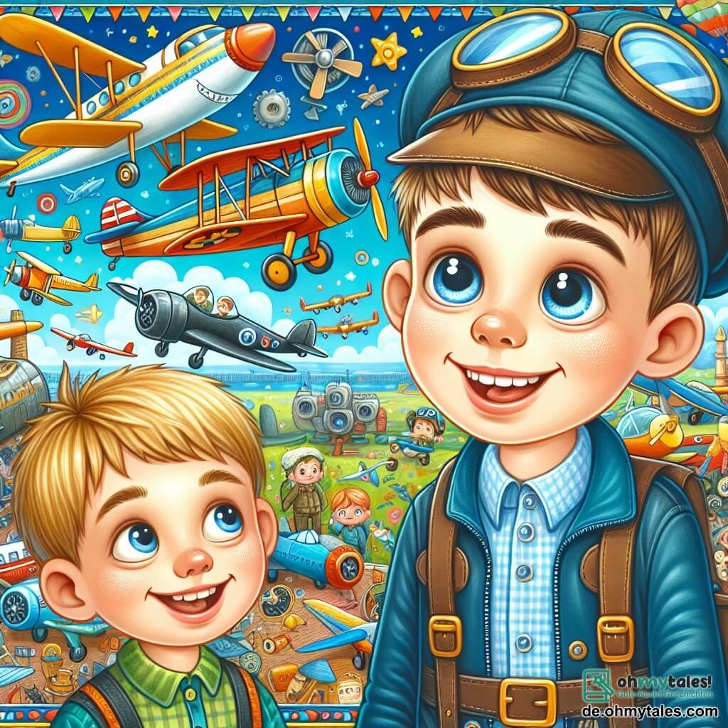 Une illustration destinée aux enfants représentant un jeune garçon aux yeux pétillants, rêvant de devenir pilote, accompagné de son fidèle ami, un garçon curieux et enthousiaste, dans un musée d'avion coloré et animé, rempli d'avions vintage et d'objets volants fascinants.