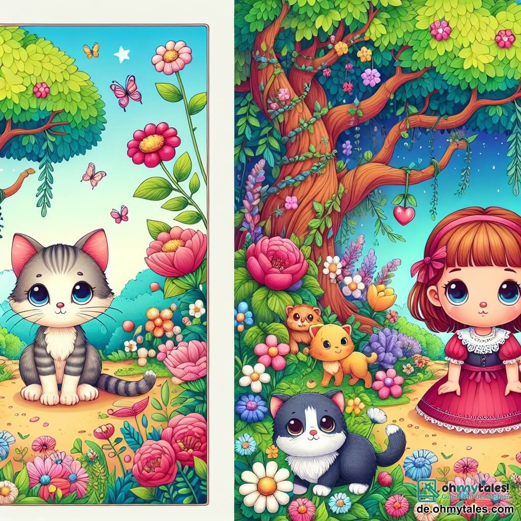 Une illustration destinée aux enfants représentant un petit chat curieux et aventureux, une fillette triste, un jardin enchanté rempli de fleurs colorées et d'un majestueux arbre.