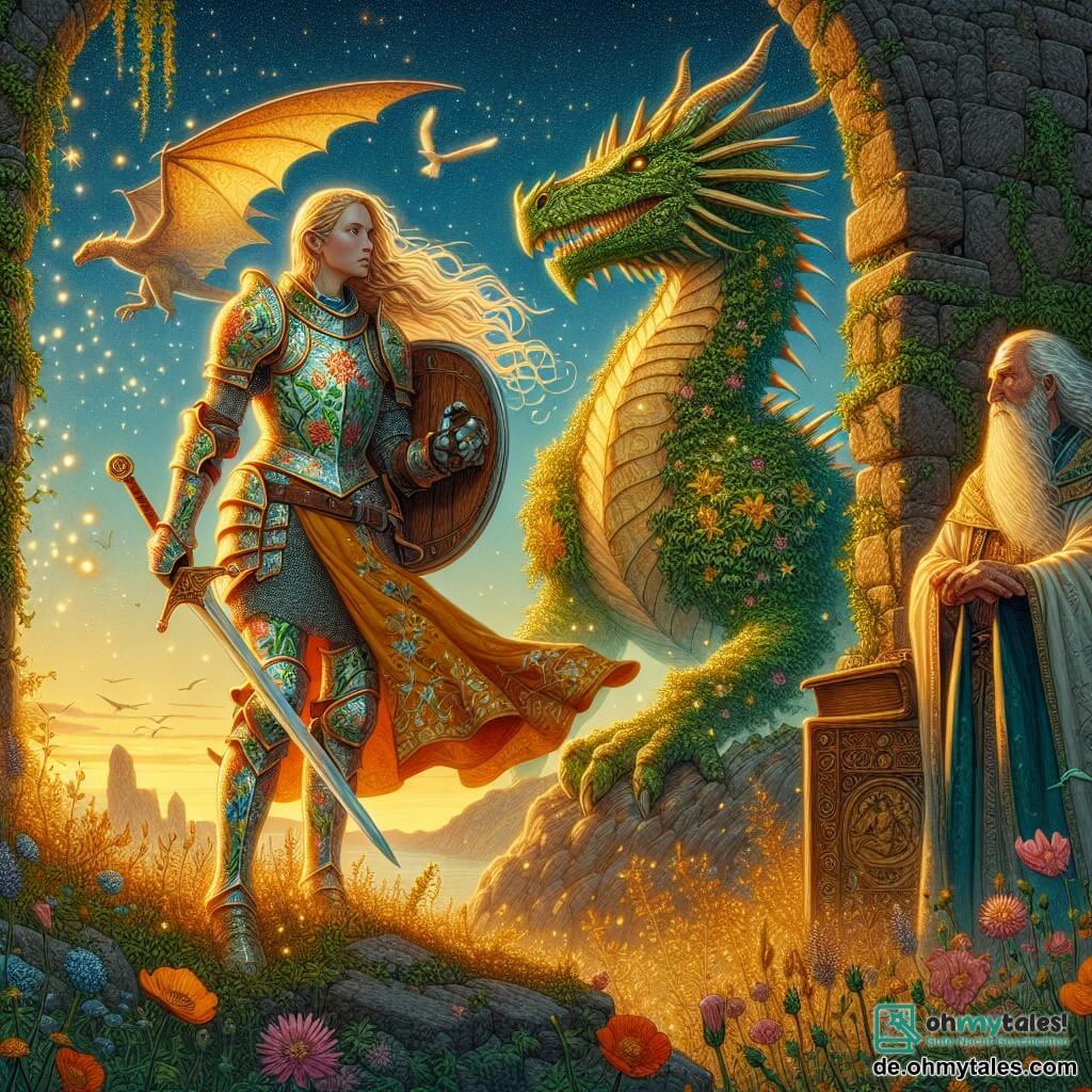 Illustration einer Szene im Herzen einer alten Burgruine, umgeben von mit Efeu und wilden Blumen bewachsenen Steinmauern, getaucht in goldenes Licht der Dämmerung. In der Mitte steht eine Ritterin mit langen blonden Haaren, die im Wind wehen, in glänzender Rüstung mit floralen Mustern. Sie hält stolz ein Schwert in der Hand und blickt entschlossen auf einen majestätischen Drachen mit grünen und goldenen Schuppen, dessen Augen vor Intelligenz strahlen. In der Nähe beobachtet ein alter Mann mit einem langen weißen Bart und Magierroben die Szene weise und wohlwollend, während er ein altes Grimoire in den Händen hält. Die Ritterin und der Drache führen ein Gespräch, das Frieden und Allianz symbolisiert, während Lichtblitze um sie herum funkeln und eine magische, heroische Atmosphäre schaffen. Vögel fliegen am Himmel und verleihen dieser epischen Begegnung Leben.