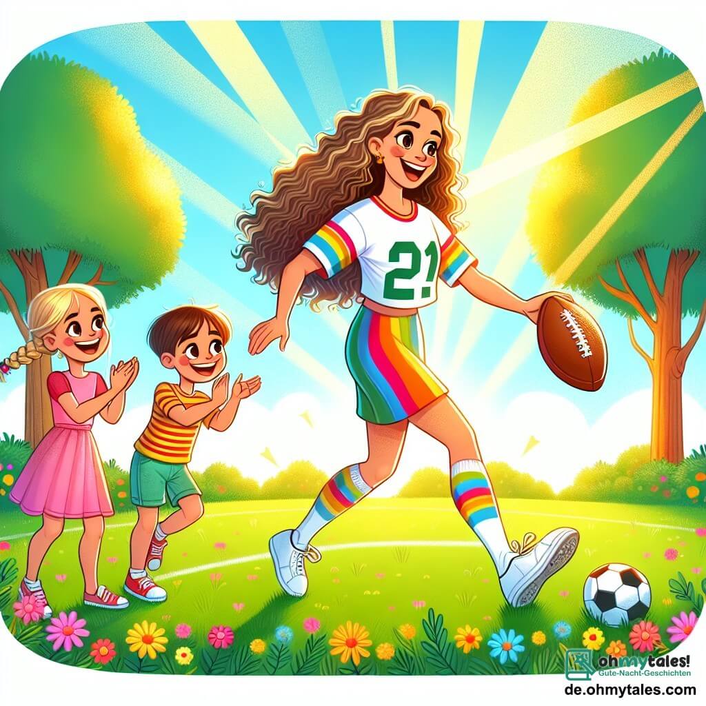 Illustration eines sonnigen Parks mit großen, grünen Bäumen und einem strahlend blauen Himmel. In der Mitte dribbelt eine athletische Frau mit langen, lockigen Haaren, die ein buntes Fußballtrikot und Shorts trägt, mit einem großen Lächeln auf dem Gesicht einen Fußball. Neben ihr stehen zwei Kinder, ein etwa 8-jähriger Junge mit kurzen, braunen Haaren in einem gestreiften T-Shirt und ein etwa 7-jähriges Mädchen mit geflochtenen, blonden Haaren in einem leichten Kleid, die applaudieren und anfeuern. Die Szene zeigt die Frau in voller Aktion, bereit, den Ball zu den Kindern zu passen, während Sonnenstrahlen den Spielplatz erhellen. Bunte Blumen und eine Gruppe von Bäumen im Hintergrund verleihen der gesamten Darstellung eine fröhliche Note.