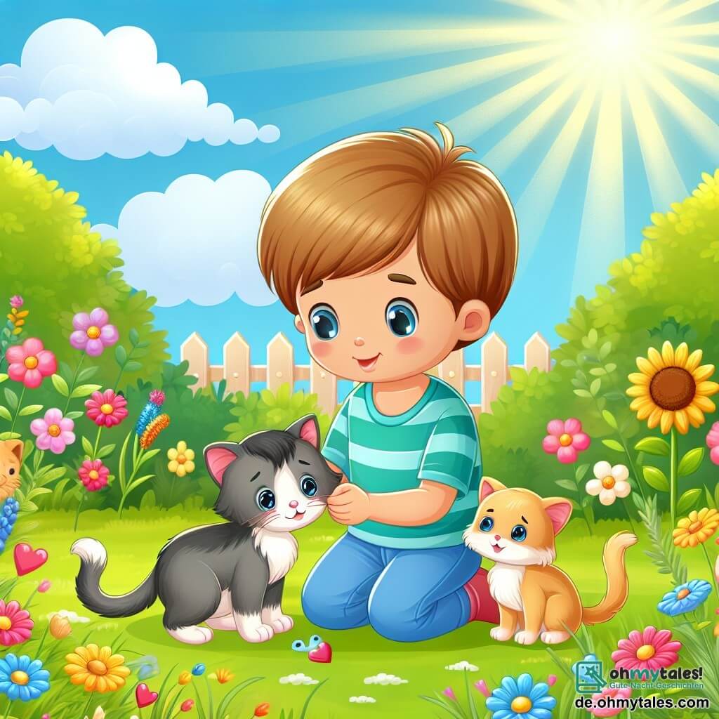 Une illustration destinée aux enfants représentant un petit garçon attentionné prenant soin d'un chaton malade, avec un autre chaton curieux, dans un jardin ensoleillé rempli de fleurs colorées et d'herbes vertes.