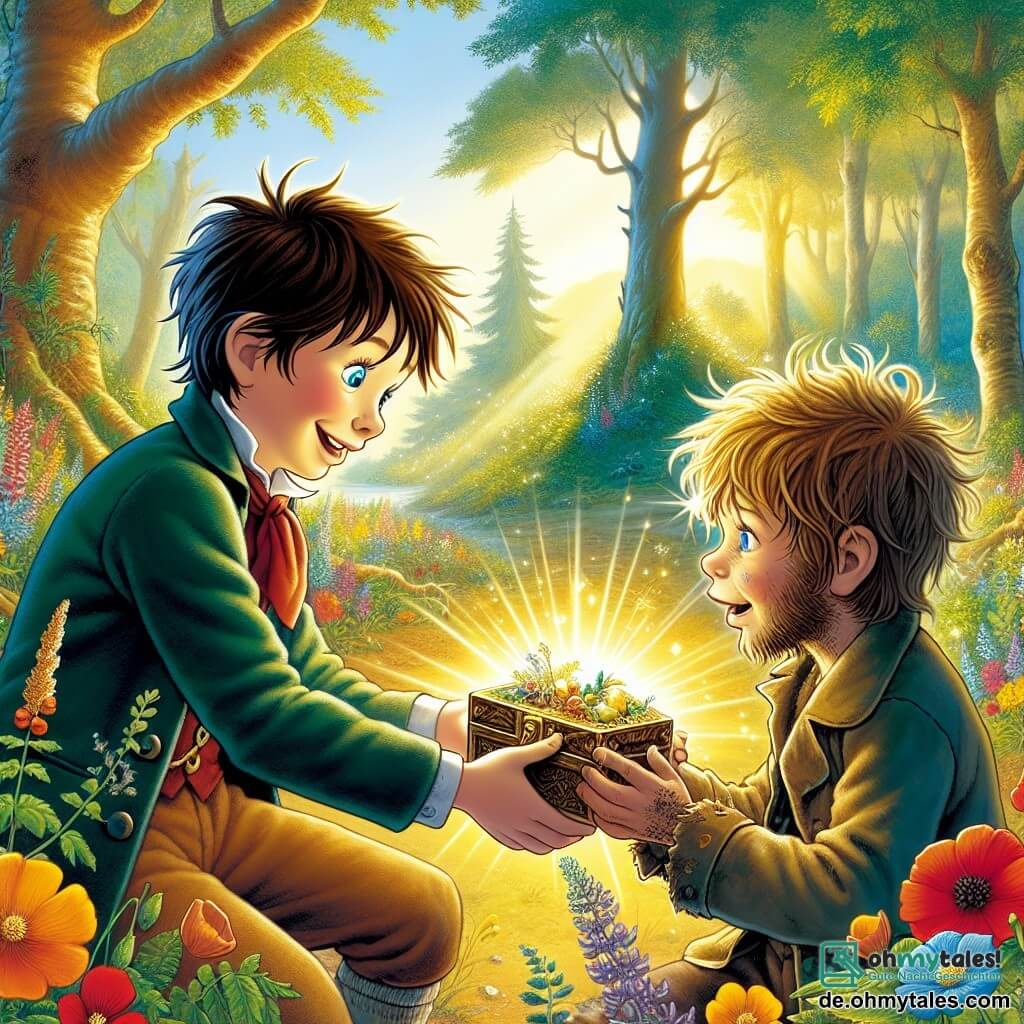 Une illustration destinée aux enfants représentant un garçon aux yeux pétillants, partageant un trésor avec son meilleur ami, un garçon aux cheveux en bataille, dans une clairière ensoleillée entourée d'arbres majestueux et de fleurs sauvages colorées.