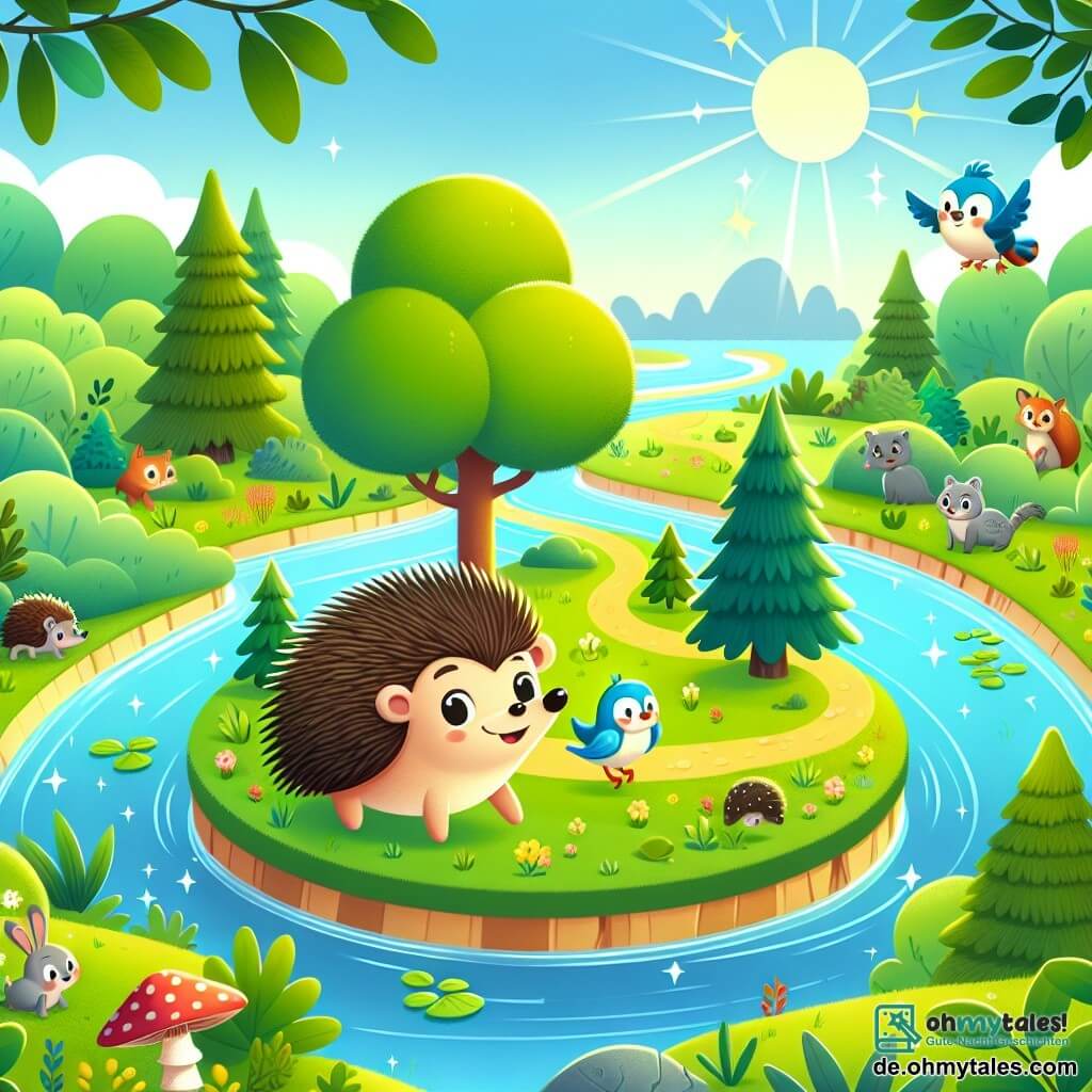 Une illustration destinée aux enfants représentant un hérisson joyeux et curieux, accompagné d'une petite oiseau bleu, explorant une île verdoyante au milieu d'un grand fleuve scintillant, dans une forêt luxuriante remplie de mystères et de surprises.
