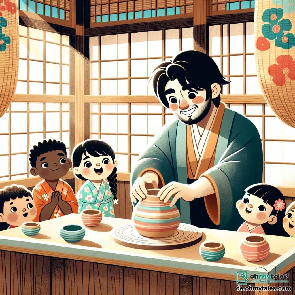 Une illustration sous forme de dessin destinée aux enfants représentant un charmant atelier de poterie japonais, baigné par la lumière douce du soleil filtrant à travers les fenêtres en papier de riz, où un homme au visage souriant et aux cheveux noirs, vêtu d'un kimono traditionnel, façonne de délicates poteries colorées, entouré de plusieurs enfants aux yeux pétillants, un garçon aux cheveux bouclés et une fille avec une tresse, qui observent avec émerveillement et s'essaient à la poterie, capturant l'esprit de camaraderie et de créativité dans une atmosphère joyeuse et chaleureuse.