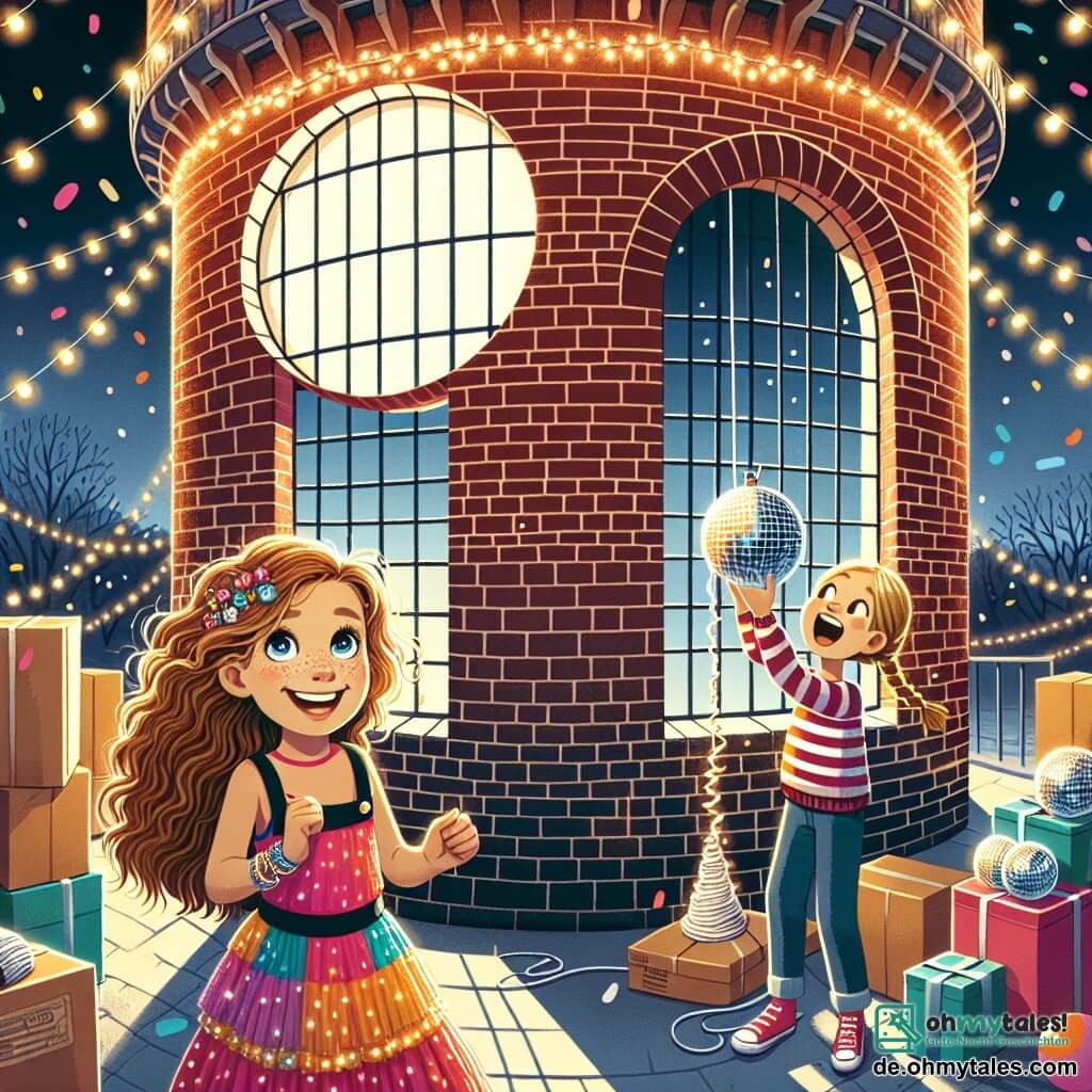 Illustration eines alten Wasserturms mit roten Ziegelmauern und einem großen runden Fenster, beleuchtet von funkelnden Lichterketten. Drinnen lächelt ein 11-jähriges Mädchen mit lockigen braunen Haaren in einem bunten Kleid aufgeregt, während es eine große Discokugel aus Pappmaché hält, bereit, sie an die Decke zu hängen. Neben ihr applaudiert eine gleichaltrige Freundin mit geflochtenen blonden Haaren und einem gestreiften Pullover fröhlich, während sie eine Rolle Girlanden hält. Die Szene zeigt die Aufregung der Vorbereitungen für eine Silvesterfeier, mit bunten Konfetti, die in der Luft schweben, und funkelnden Lichtern, die eine festliche Atmosphäre schaffen. Im Hintergrund fügen Dekorationsboxen und Ballons diesem besonderen Moment einen Hauch von Magie hinzu.