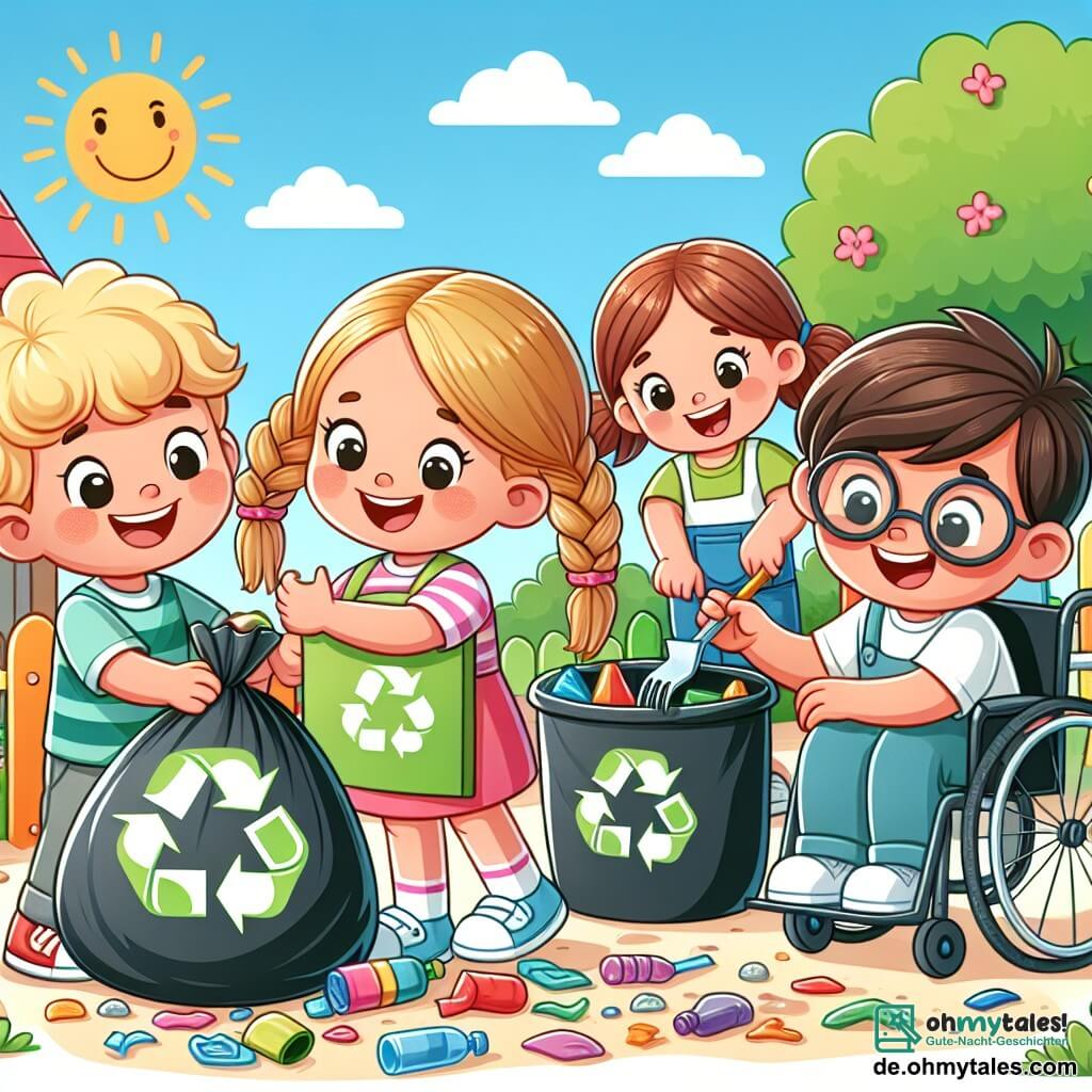 Une illustration sous forme de dessin destinée aux enfants représentant un joyeux groupe de quatre enfants de 5 ans sur un coloré terrain de jeu, deux garçons aux cheveux blonds et bruns, l'un avec des boucles et l'autre avec une coupe courte, ramassant des déchets colorés dans des sacs en plastique, tandis qu'une fille aux longs cheveux bruns tressés, souriante, peint un grand panneau sur le recyclage, et un autre garçon en fauteuil roulant, avec un grand sourire, encourage les autres à participer, le tout sous un ciel bleu ensoleillé, avec des fleurs et des arbres verdoyants en arrière-plan, illustrant leur mission de nettoyage et de protection de l'environnement.