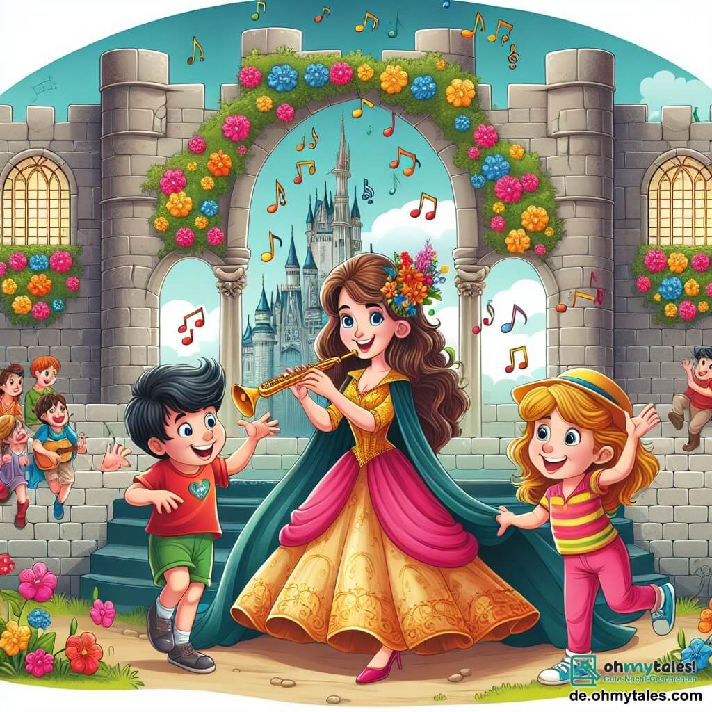 Une illustration destinée aux enfants représentant une jeune femme talentueuse et passionnée de musique, accompagnée de ses amis, un garçon espiègle et une fille joyeuse, dans un grand château aux murs de pierre et aux fenêtres ornées de fleurs colorées, où résonnent les mélodies enchanteresses de la chanteuse célèbre qui les inspire.