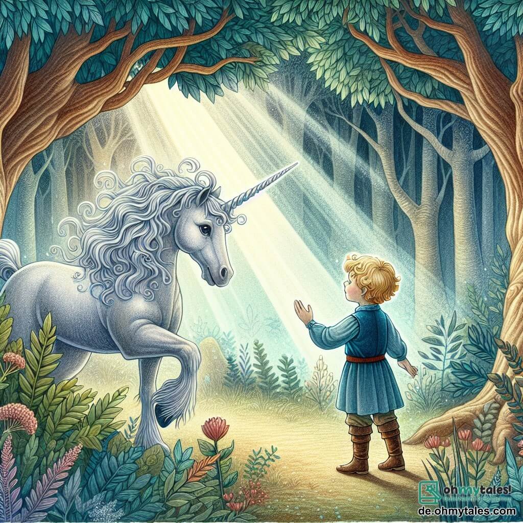 Une illustration destinée aux enfants représentant une magnifique licorne, au pelage argenté et à la corne scintillante, rencontrant une petite fille courageuse, aux boucles blondes et à la robe bleue, dans une clairière enchantée au cœur d'une forêt mystérieuse, baignée par la lumière douce du soleil filtrant à travers les feuilles des grands arbres centenaires.