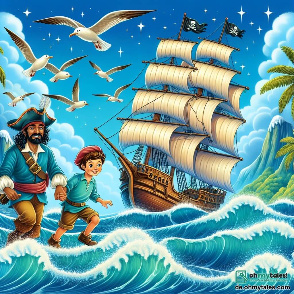 Une illustration destinée aux enfants représentant un courageux pirate, une jeune moussaillon et leur fidèle navire "Seeschwalbe", naviguant sur des eaux scintillantes entourées de hautes vagues et de mouettes survolant le ciel bleu azur de la mer des Caraïbes.