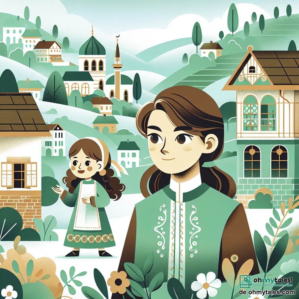 Une illustration destinée aux enfants représentant une jeune fille aux longs cheveux bruns, faisant face au décès de son oncle, accompagnée de sa meilleure amie, une fillette aux boucles blondes, dans un petit village entouré de vallées verdoyantes et de maisons pittoresques.
