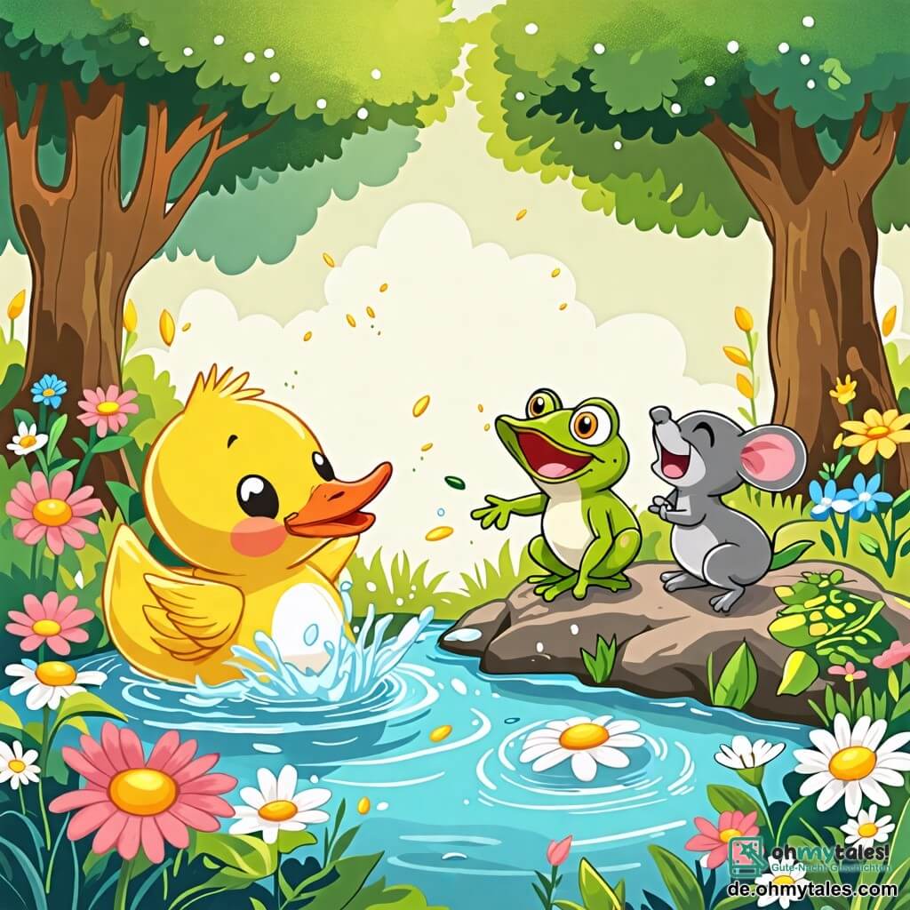 Une illustration sous forme de dessin destinée aux enfants représentant un charmant petit étang entouré de fleurs colorées et de grands arbres, avec un canard aux plumes jaunes et brillantes qui glisse joyeusement sur l'eau, éclaboussant autour de lui, tandis qu'une souris grise aux yeux pétillants observe en riant sur un rocher et un grenouille verte sautillante se prépare à plonger dans l'eau, capturant l'instant amusant où les amis s'amusent ensemble après un drôle de glissade.
