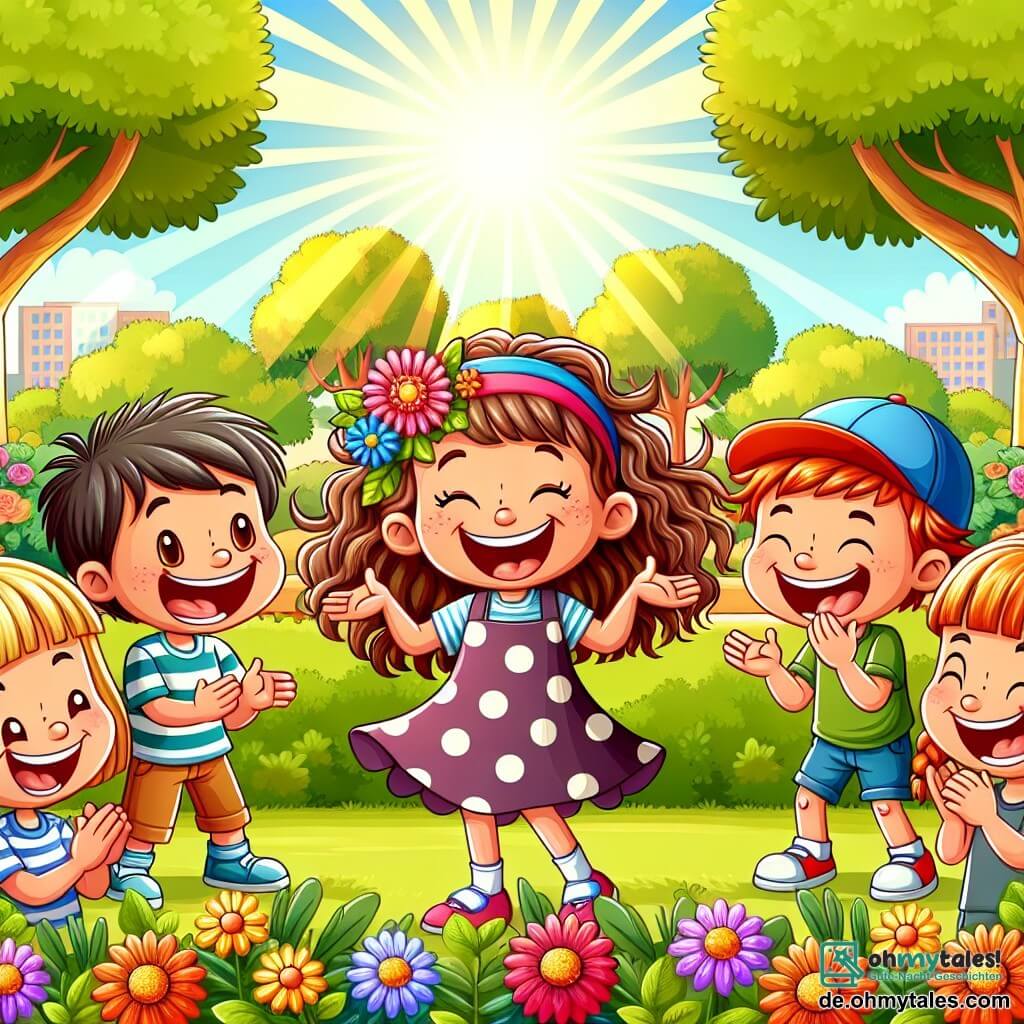Une illustration sous forme de dessin destinée aux enfants représentant un parc ensoleillé avec des fleurs colorées et des arbres verdoyants, où une fille de 7 ans aux cheveux bruns et bouclés, portant une robe à pois, rit aux éclats en se tenant les côtes, entourée de ses amis : un garçon aux cheveux roux et strubbelig qui fait une grimace comique, une fille aux cheveux longs tressés qui applaudit, et un garçon aux cheveux courts qui s'apprête à raconter une blague, tous en train de s'amuser ensemble lors d'un concours de visages drôles.