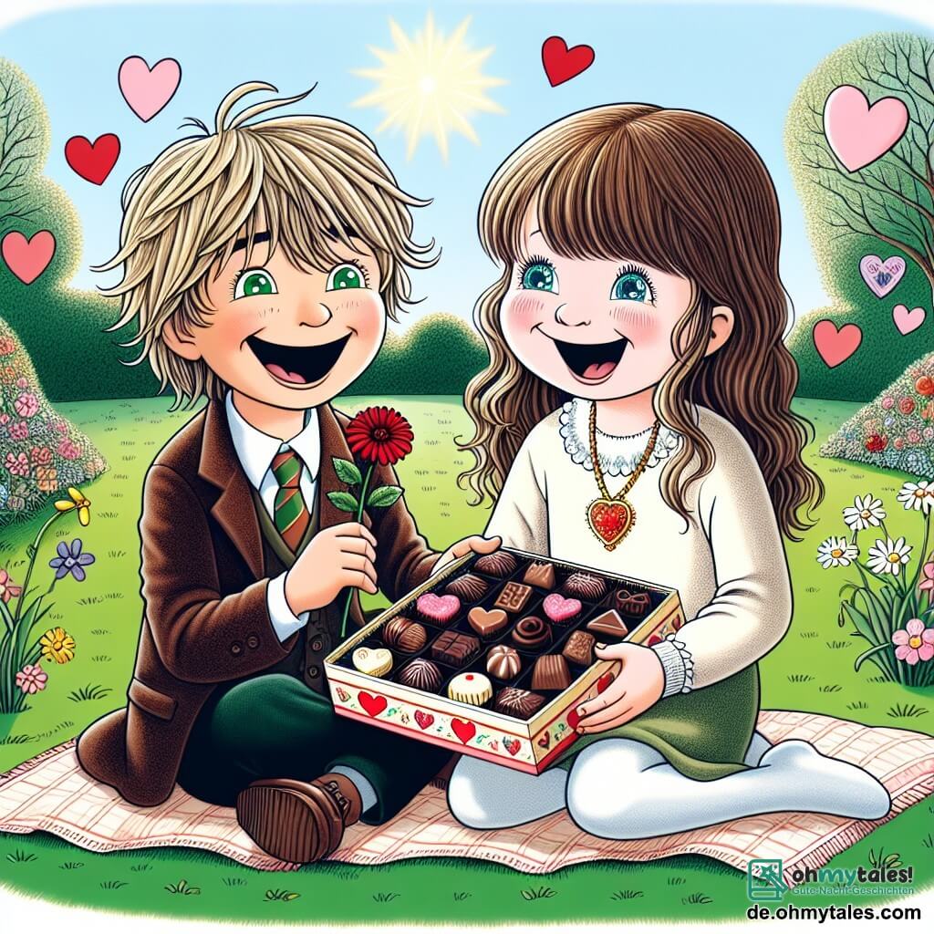 Une illustration sous forme de dessin destinée aux enfants représentant un parc ensoleillé décoré de cœurs et de fleurs colorées, où un garçon de 11 ans avec des cheveux bruns ébouriffés et un large sourire, assis sur l'herbe, partage joyeusement une boîte de pralines avec sa meilleure amie, une fille aux longs cheveux blonds et aux yeux pétillants, tandis qu'une petite fleur rouge est délicatement posée entre eux, symbolisant leur amitié et la magie de la Saint-Valentin.