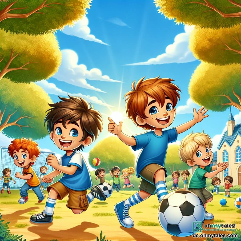 Eine Illustration zeigt eine lebhafte Szene auf einem sonnigen Schulhof, umgeben von großen Bäumen mit goldenen Blättern, wo Kinder spielen und lachen. Im Mittelpunkt steht eine Gruppe von vier Jungen im Alter von etwa 11 Jahren: Einer hat zerzauste braune Haare und trägt ein blaues T-Shirt, er dribbelt begeistert einen Fußball; ein anderer, mit roten Haaren und Brille, lächelt, während er ein Fußballregelbuch hält; der dritte, mit blonden Haaren und heller Haut, macht einen Scherz, indem er einen Fußballspieler imitiert; schließlich applaudiert der vierte, mit kastanienbraunen Haaren und strahlendem Lächeln, fröhlich. Die Szene strahlt eine Atmosphäre von Kameradschaft und Aufregung aus, mit bunten Ballons, die in der Luft schweben, und Kindern im Hintergrund, die verschiedene Spiele spielen. Der Himmel ist blau mit einigen weißen Wolken, was diesem vielversprechenden Schultag eine leichte Note verleiht.