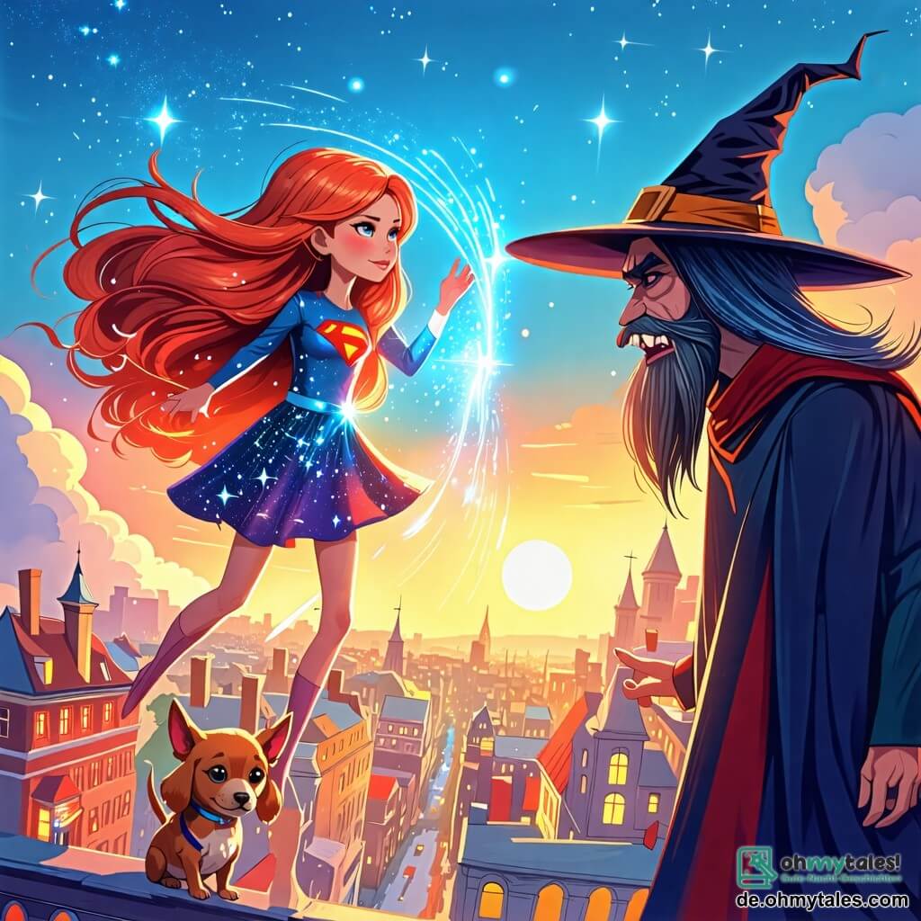 Une illustration sous forme de dessin destinée aux enfants représentant une ville colorée sous un ciel bleu éclatant, avec une super-héroïne aux longs cheveux brillants et un costume scintillant orné d'étoiles, flottant dans les airs en projetant de la lumière autour d'elle, tandis qu'un petit chien brun aux grandes oreilles, avec une expression courageuse, se tient à ses côtés, tous deux confrontant un méchant sorcier au chapeau noir et au visage grimaçant qui tente de plonger la ville dans l'obscurité, le tout baignant dans une atmosphère de magie et d'aventure.