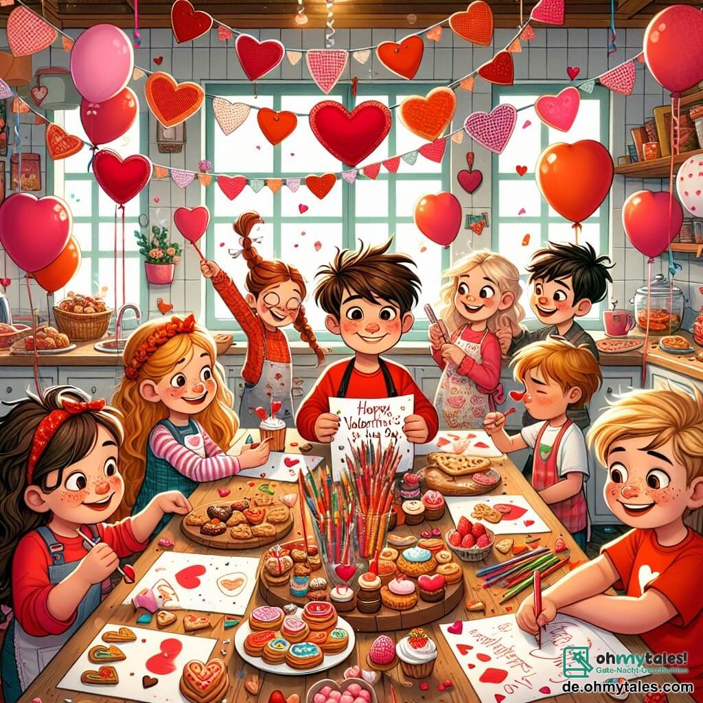 Eine Illustration zeigt eine festliche Szene in einer bunten und warmen Küche, dekoriert mit roten und rosa Ballons sowie Papiergirlanden in Herzform, die von der Decke hängen. In der Mitte steht ein großer Holztisch, der mit köstlichen Leckereien gedeckt ist: herzförmige Kekse, bunte Früchte auf Spießen und dekorierte Sandwiches. Ein 12-jähriger Junge mit zerzausten braunen Haaren und einem roten T-Shirt lächelt fröhlich, während er ein großes Schild mit der Aufschrift "Valentinstagsfeier" hält. Neben ihm steht ein 11-jähriges Mädchen mit langen, geflochtenen blonden Haaren, das eine bunte Schürze trägt und Kekse mit Zuckerguss dekoriert. Ein anderer 12-jähriger Junge mit blonden Haaren und einer Brille beugt sich über ein Blatt und zeichnet Herzen mit Buntstiften, während ein etwas kleinerer Junge mit braunen Haaren und einem schelmischen Lächeln sich darauf vorbereitet, Konfetti in die Luft zu werfen. Die Hauptsituation zeigt die Kinder, die eifrig ihre Valentinstagsfeier vorbereiten, lachend und spielend zusammen, umgeben von ihren bunten Kreationen und dem Geist der Kameradschaft. Lachen und fröhliche Gesten erfüllen die Luft, während Papierherzen um sie herum schweben und Freundschaft sowie die Freude an diesem besonderen Tag symbolisieren.