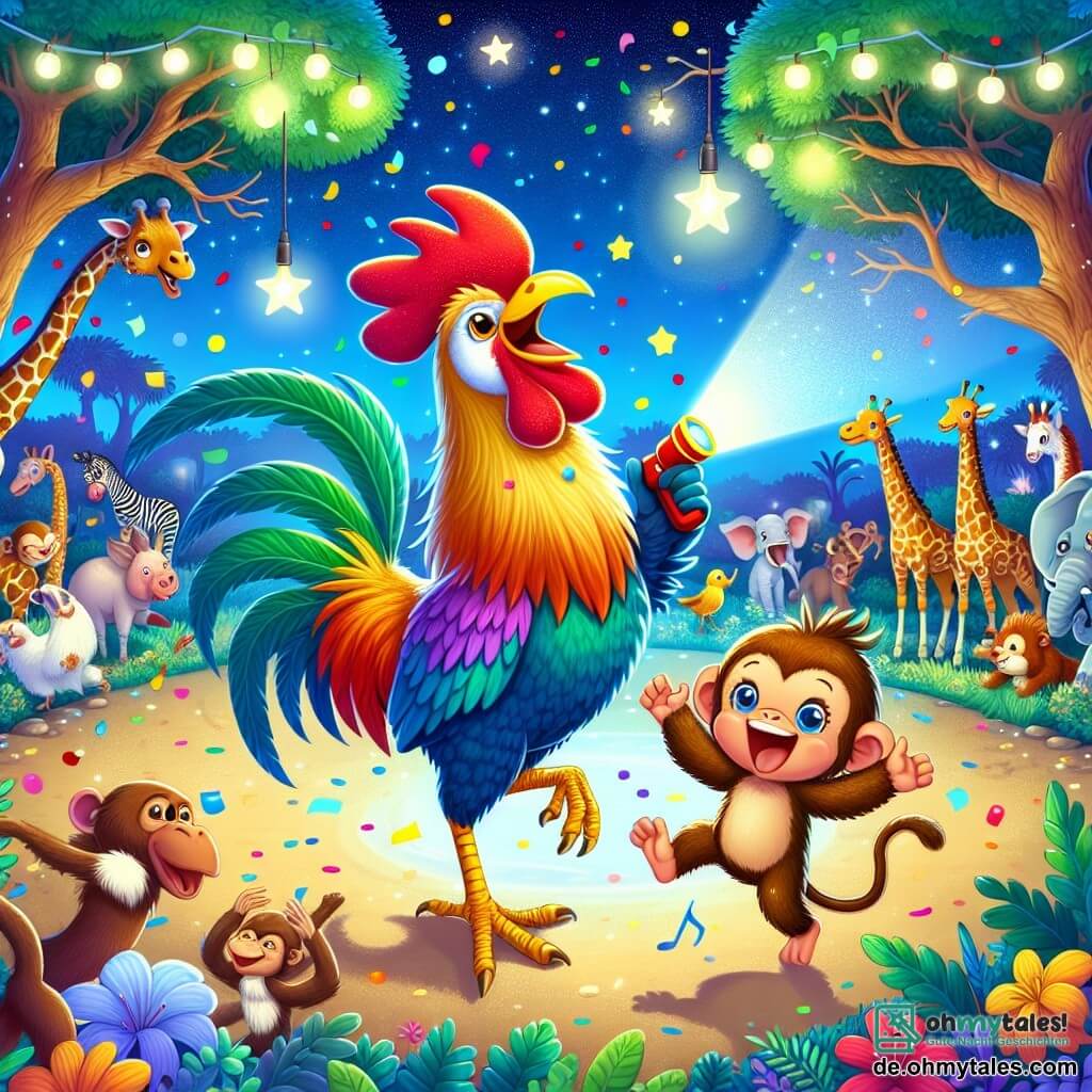 Illustration einer fröhlichen Szene in einem bunten Zoo, wo Tiere unter einem sternenklaren Himmel Spaß haben. In der Mitte tanzt ein Hahn mit leuchtenden, regenbogenfarbenen Federn enthusiastisch, seine Flügel ausgestreckt und sein Schnabel offen, während er eine mitreißende Melodie singt. Neben ihm springt ein schelmischer kleiner Affe mit braunem Fell und funkelnden Augen vor Freude, während er eine Taschenlampe hält und die Szene mit seinem hellen Licht erhellt. Im Hintergrund versammeln sich Tiere wie Giraffen und Elefanten, lachen und tanzen, während eine große Giraffe mit langem Hals fröhlich singt. Konfetti fliegt in der Luft und verleiht der Atmosphäre eine festliche Note, und ein großer Baum steht rechts, dessen Äste mit grünen Blättern beladen sind und einen magischen Rahmen für dieses nächtliche Fest voller Lachen und Freundschaft schaffen.