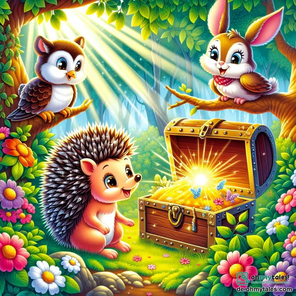Une illustration sous forme de dessin destinée aux enfants représentant une scène enchantée dans une forêt verdoyante, où un petit hérisson aux piquants brillants et aux yeux pétillants découvre une vieille coffre au trésor, tandis qu'un joyeux lapin aux grandes oreilles et une sage chouette perchée sur une branche l'observent avec curiosité, tous trois entourés de fleurs colorées et de rayons de soleil filtrant à travers les feuilles, capturant l'excitation et l'émerveillement de cette aventure magique.