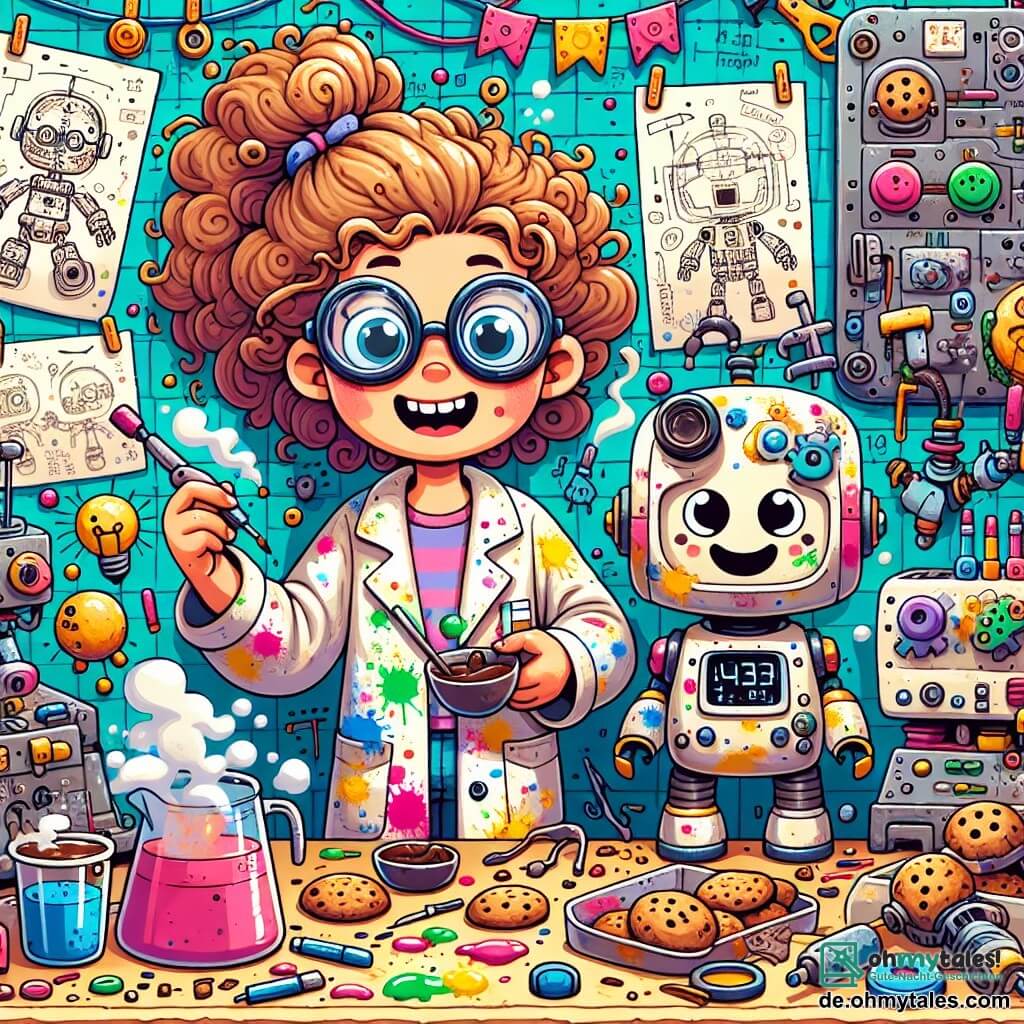 Une illustration sous forme de dessin destinée aux enfants représentant un atelier coloré et chaotique, rempli de machines étranges et de croquis éparpillés, où une jeune femme aux cheveux bouclés et à lunettes rondes, vêtue d'une blouse pleine de taches de peinture, s'affaire à assembler un robot avec un grand sourire, tandis qu'un petit robot aux yeux ronds et amicaux, avec un café fumant dans une main et un plateau de biscuits dans l'autre, semble impatient de commencer à préparer des douceurs, le tout dans une ambiance joyeuse et inventive.