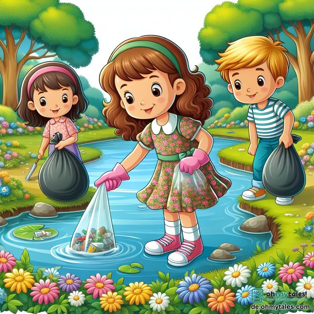 Une illustration sous forme de dessin destinée aux enfants représentant un charmant petit étang entouré de fleurs colorées et d'arbres verdoyants, où une fille de 5 ans aux cheveux bouclés et vêtue d'une robe à fleurs, souriante et déterminée, ramasse des déchets avec des gants, tandis que deux de ses amis, un garçon aux cheveux bruns et une fille aux cheveux blonds, l'aident en tenant des sacs poubelles, le tout dans une ambiance joyeuse et solidaire, symbolisant l'importance de protéger la nature.