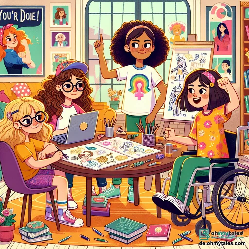 Illustration eines Gruppen von vier Mädchen, etwa 12 Jahre alt, die in einem hellen und einladenden Wohnzimmer versammelt sind, das mit Büchern und Kunstmaterialien gefüllt ist. Die Wände sind mit Postern von Wissenschaftlerinnen und bunten Kunstwerken dekoriert. Ein Mädchen mit lockigem braunem Haar und Brille sitzt an einem Tisch, konzentriert auf ihren Laptop, mit einem entschlossenen Blick. Neben ihr zeichnet ein Mädchen mit glattem, blondem Haar und einem bunten T-Shirt begeistert auf einem großen Blatt Papier und illustriert Ideen für ihr Projekt. Ein weiteres Mädchen mit kastanienbraunem Haar und einer Mütze steht energetisch gestikulierend, als ob sie eine brillante Idee erklärt. Schließlich hält ein Mädchen im Rollstuhl mit lockigem Haar und strahlendem Lächeln ein Notizbuch und notiert Ideen, was ihre Begeisterung zeigt. Die Szene fängt die Aufregung und Kreativität des Moments ein, in dem sie ein Projekt zur Geschlechtergerechtigkeit planen, umgeben von Schulmaterial und Bastelwerkzeugen. Grafische Elemente wie Buntstifte, offene Bücher und inspirierende Plakate zur Geschlechtergerechtigkeit verleihen der Illustration Leben und symbolisieren ihr Engagement und ihre Freundschaft.