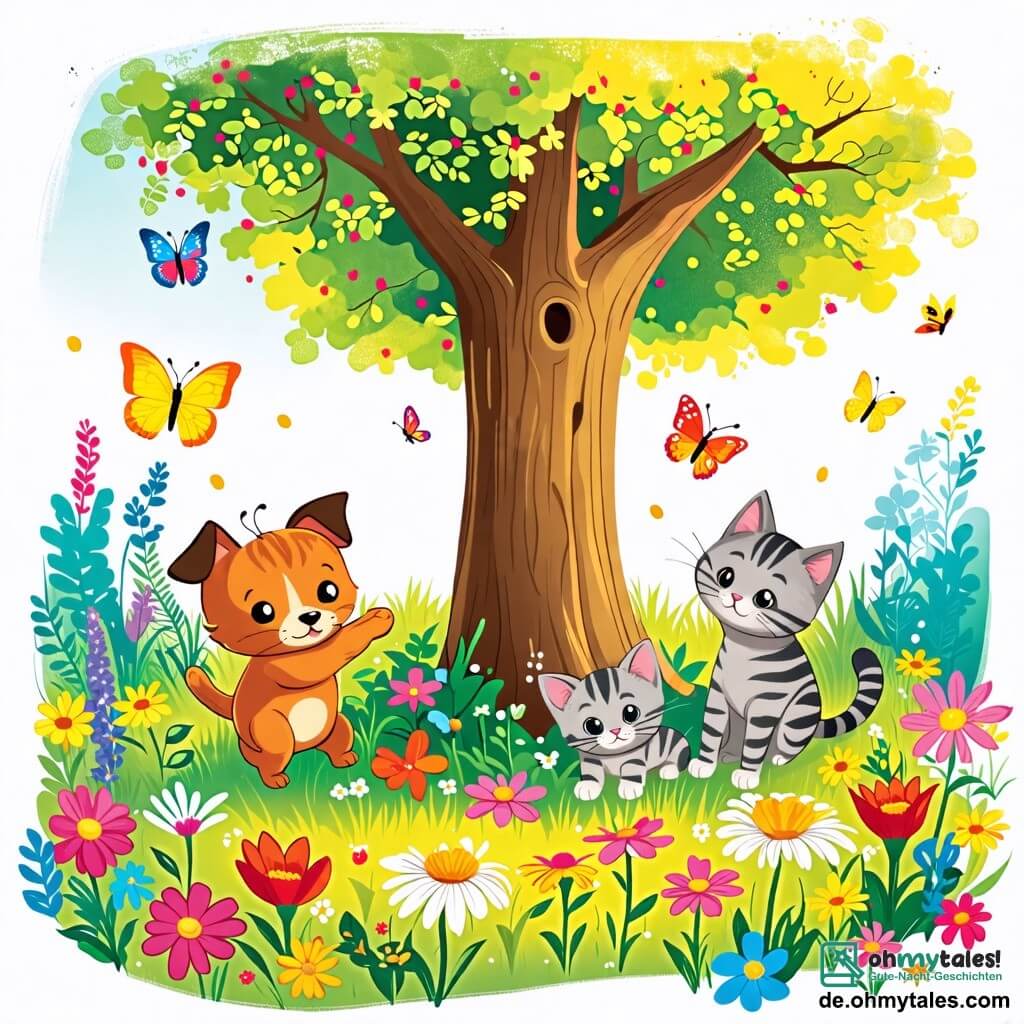 Une illustration sous forme de dessin destinée aux enfants représentant un jardin coloré avec des fleurs éclatantes et un grand arbre au centre, où un petit chien au pelage brun et aux yeux pétillants joue joyeusement, en train de chercher ses amis, tandis qu'une chatte aux rayures grises se cache derrière le tronc de l'arbre et un papillon coloré vole autour d'eux, capturant l'instant amusant de leur jeu de cache-cache ensoleillé.