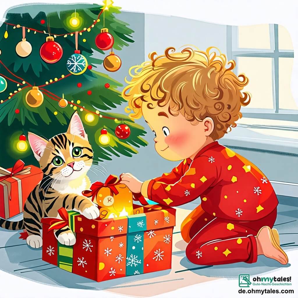 Une illustration sous forme de dessin destinée aux enfants représentant un salon chaleureux décoré pour Noël, avec un petit garçon de 2 ans aux cheveux blonds et bouclés, vêtu d'un pyjama rouge, en train d'ouvrir un grand paquet coloré sous un sapin illuminé, tandis qu'une petite chatte tigrée aux yeux verts, assise à côté de lui, regarde avec curiosité le contenu du cadeau, qui révèle un adorable ours en peluche, le tout baigné dans une douce lumière festive.