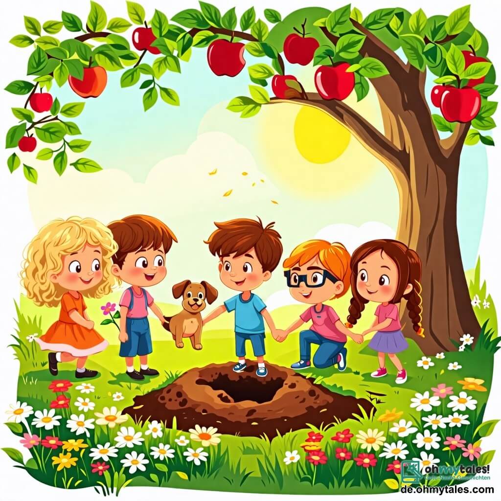 Eine Illustration zeigt eine emotionale Szene in einem sonnigen Garten, der mit bunten Blumen und einem großen Apfelbaum gefüllt ist. In der Mitte hockt ein achtjähriger Junge mit braunen Haaren und funkelnden Augen neben einem kleinen Loch im Boden, das er an einem besonderen Ort gegraben hat. Neben ihm stehen eine Gruppe von Kindern, darunter ein Mädchen mit lockigem, blondem Haar, ein Junge mit Brille und ein Mädchen mit einem Zopf, die sich an den Händen halten und liebevoll schauen. Der Junge hält ein kleines, hundeförmiges Kuscheltier, das ihren verlorenen Freund symbolisiert, während das blonde Mädchen eine Blume auf den kleinen Erdhügel legt. Die Atmosphäre ist sanft und melancholisch, mit Sonnenstrahlen, die durch die Blätter des Baumes filtern und tanzende Schatten auf den Boden werfen. Die Kinder zeigen sowohl traurige als auch trostspendende Gesichtsausdrücke, die zeigen, dass sie sich liebevoll an ihren Freund erinnern. Im Hintergrund singen Vögel am blauen Himmel und verleihen dieser Szene des Gedenkens und der Freundschaft eine Note der Gelassenheit.