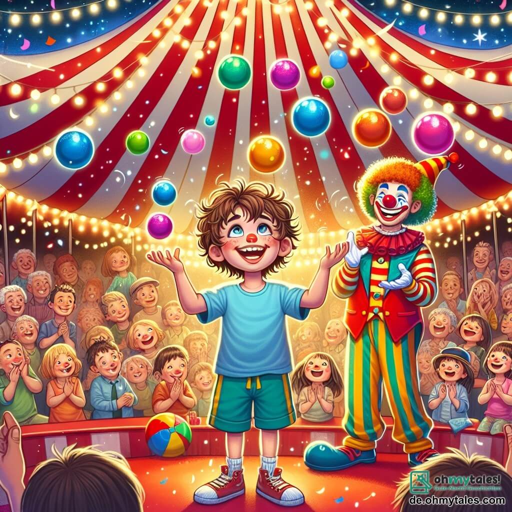 Illustration eines bunten Zirkus unter einem großen rot-weißen Streifen-Zelt, mit funkelnden Lichtern und schwebenden Ballons in der Luft. In der Mitte jongliert ein etwa 7-jähriger Junge mit zerzausten braunen Haaren, trägt ein blaues T-Shirt und gelbe Shorts. Er hat ein breites Lächeln im Gesicht und seine Augen funkeln vor Aufregung. Neben ihm steht ein fröhlicher Clown, ein Mann in den Dreißigern, mit einer großen roten Nase, lockigen Haaren und einem leuchtend bunten Kostüm, der lacht und dem Jungen applaudiert, während er lustige Grimassen schneidet. Im Hintergrund applaudieren und lachen erstaunte Zuschauer, Kinder und Erwachsene, während Konfetti sanft vom Himmel fällt. Die Atmosphäre ist festlich und fröhlich, voller Magie und Lachen.