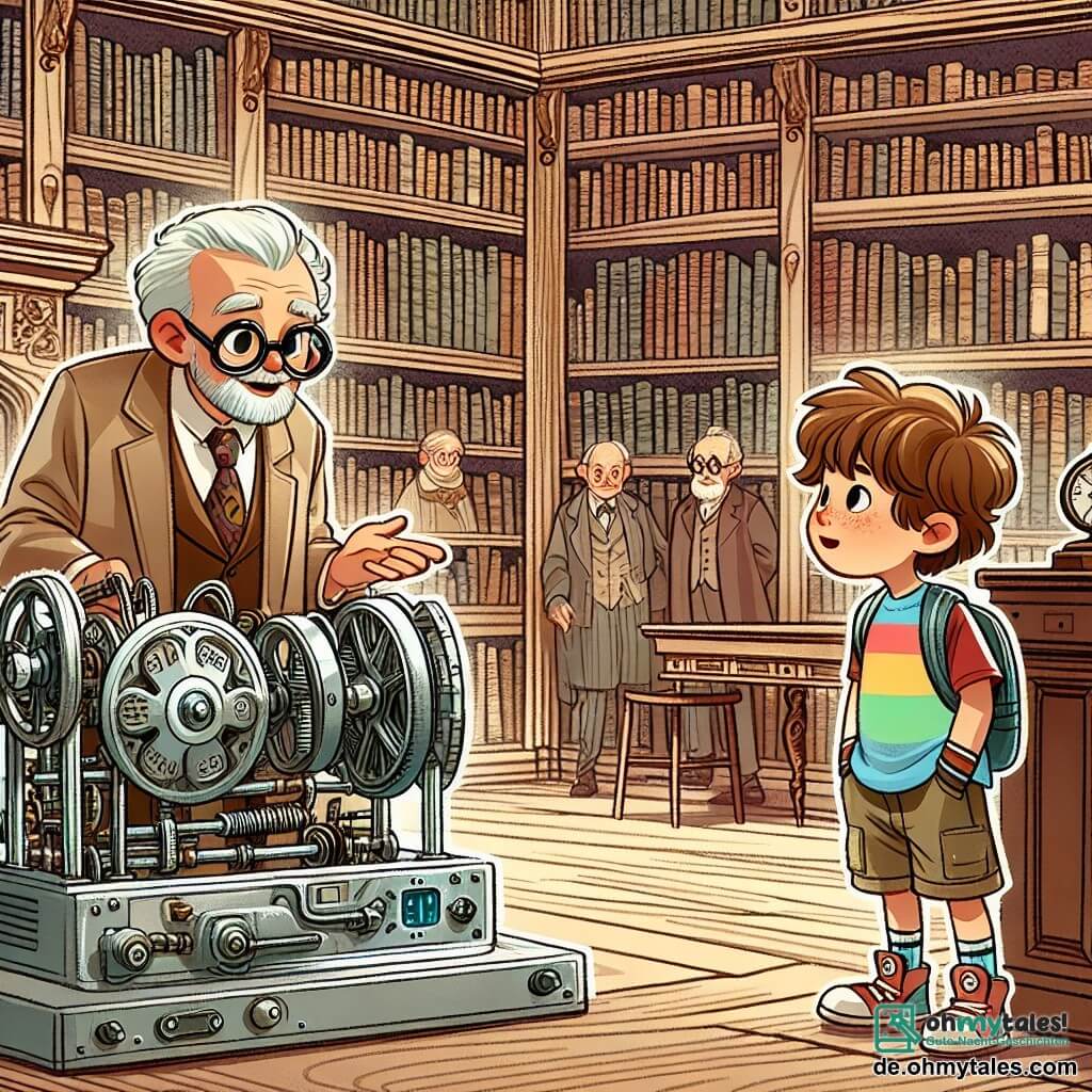 Une illustration sous forme de dessin destinée aux enfants représentant une bibliothèque ancienne aux murs en bois, remplie de livres poussiéreux et d'une grande machine argentée au centre, où un garçon de 7 ans aux cheveux bruns en bataille, portant un t-shirt coloré et un short, regarde avec émerveillement un vieil homme à lunettes rondes, habillé d'un costume vintage, qui lui explique comment voyager dans le temps, tandis qu'un groupe de personnages historiques en vêtements d'époque les observe avec curiosité, capturant l'instant où ils s'apprêtent à partir pour une aventure à travers le temps.