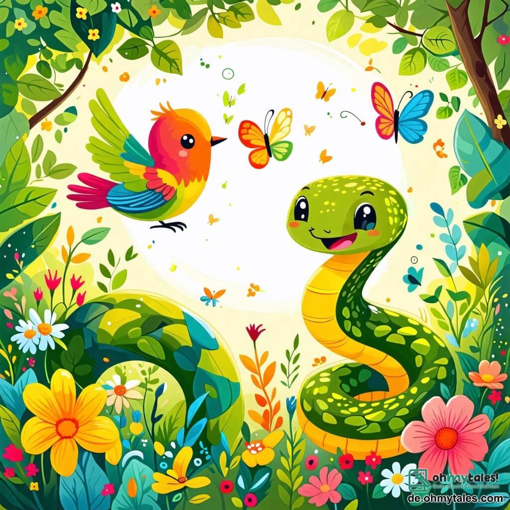 Une illustration sous forme de dessin destinée aux enfants représentant une scène ensoleillée dans une forêt verdoyante, où une petite serpent aux écailles vertes et jaunes, enroulée autour d'une branche, sourit joyeusement en jouant avec un oiseau coloré aux plumes vives, qui vole autour d'elle en chantant, tandis que des fleurs éclatantes et des papillons dansent autour d'eux, illustrant l'amitié et la joie de jouer ensemble.