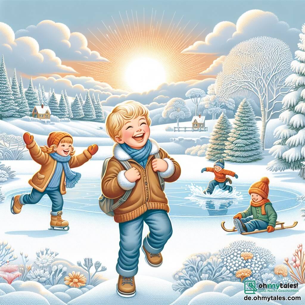Une illustration destinée aux enfants représentant un petit garçon jouant joyeusement dans la neige avec ses amis, une fille et un garçon, sur un magnifique paysage enneigé avec des arbres givrés et un étang gelé.