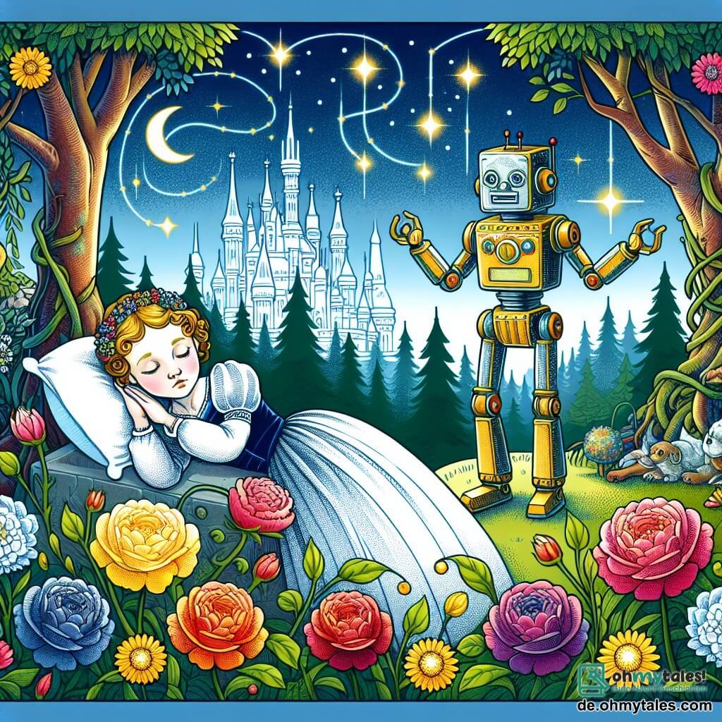Une illustration destinée aux enfants représentant une jeune fille endormie depuis des siècles, un robot compagnon plein d'énergie, dans un parc magique rempli de fleurs multicolores et d'arbres majestueux, où les étoiles brillent même en plein jour.