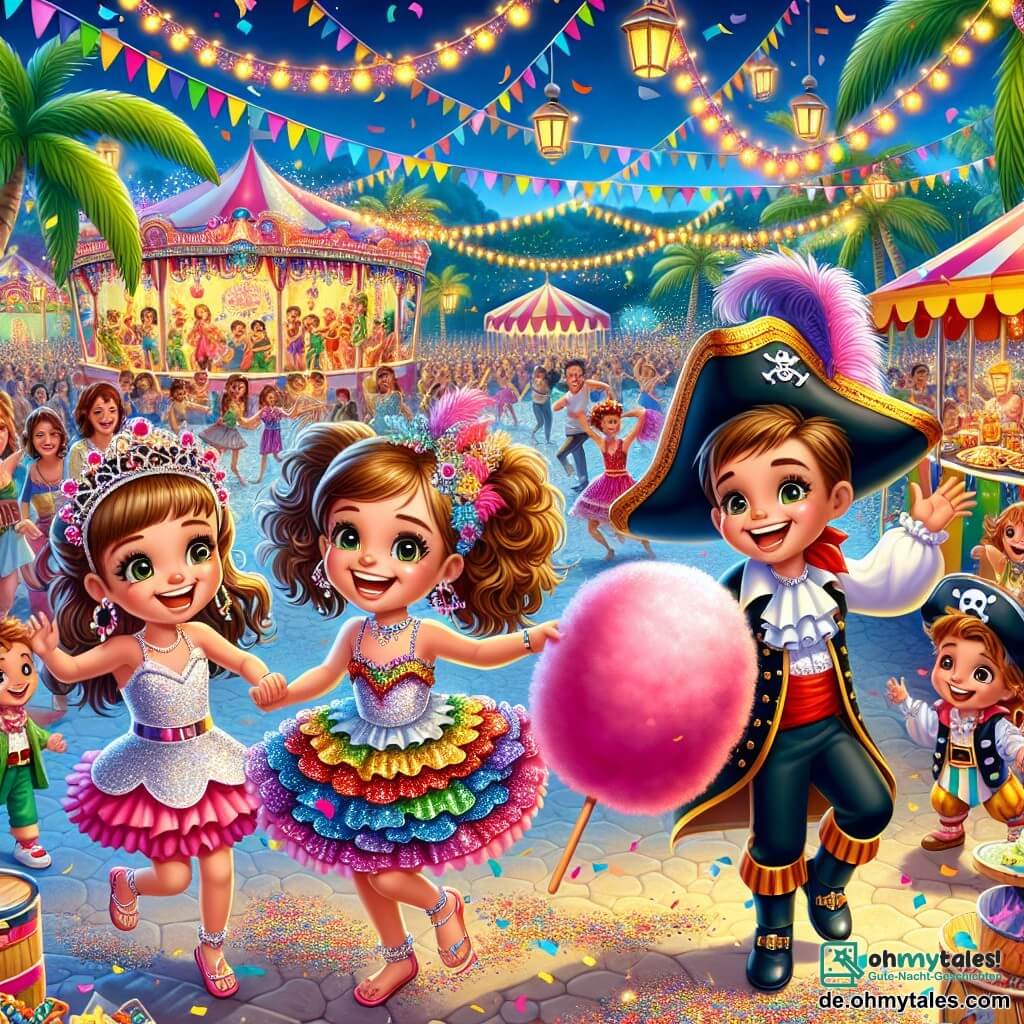 Illustration eines fröhlichen Karnevals auf einer bunten Insel. Der Ort ist ein festlicher Markt, gefüllt mit Ständen, die mit bunten Girlanden und funkelnden Laternen dekoriert sind, während Palmen sanft im Wind schwingen. Im Zentrum eine lebhafte Bühne, auf der Tänzer in auffälligen Kostümen im Rhythmus der mitreißenden Musik tanzen. Drei Hauptfiguren stechen hervor: ein 8-jähriges Mädchen mit lockigen braunen Haaren, das ein glänzendes, glitzerndes Kostüm trägt und begeistert tanzt; ein 7-jähriges Mädchen in einem blumigen Kleid, das lachend eine große rosa Zuckerwatte hält; und ein 9-jähriger Junge, der sich als Pirat mit einem schwarzen Hut und einem roten Tuch verkleidet hat und lustige Gesten macht, um seine Freunde zu unterhalten. Die Hauptsituation zeigt die Kinder, die zusammen Spaß haben, tanzen und lachen, umgeben von bunten Konfetti, die vom Himmel fallen. Im Hintergrund beobachten lächelnde Erwachsene die Szene, und Luftballons schweben in der Luft, was zur festlichen Atmosphäre beiträgt. Karnevalsdekorationen wie Masken und Trommeln sind verstreut, was eine magische und fröhliche Stimmung schafft.