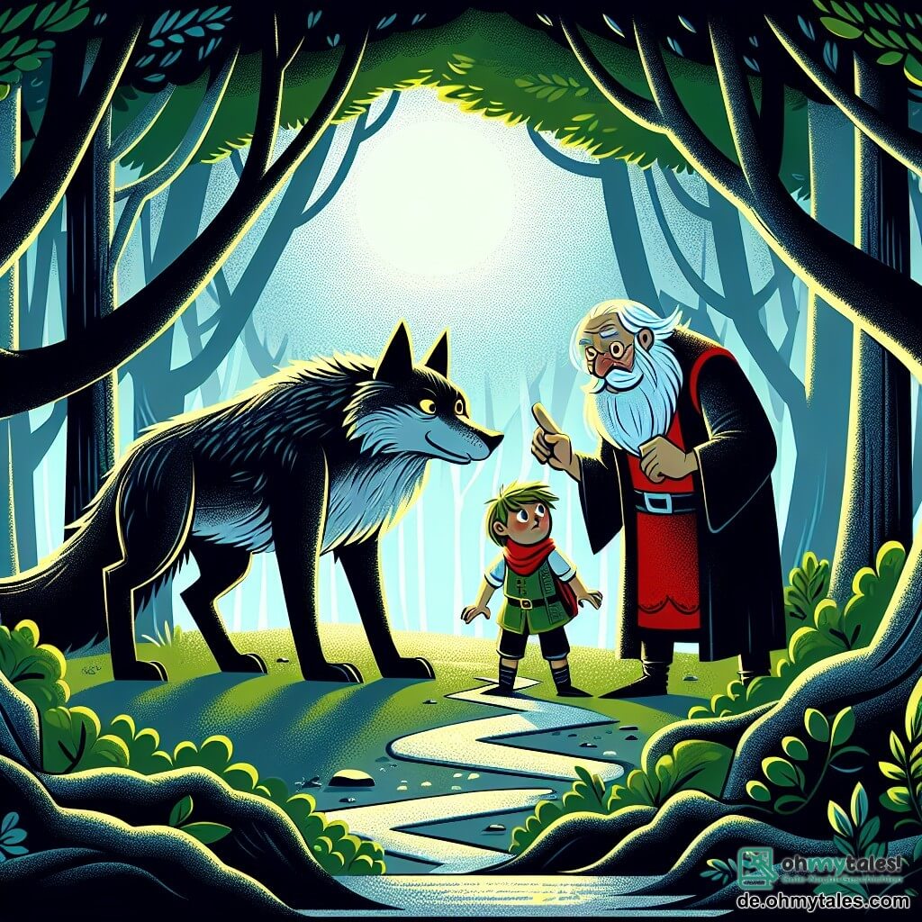 Une illustration destinée aux enfants représentant un petit garçon courageux confronté à un grand méchant loup, accompagné d'un gentil vieil homme à la barbe blanche, dans un sombre et mystérieux bois aux arbres touffus et aux chemins étroits, où les rayons de soleil peinent à percer l'épaisse canopée.
