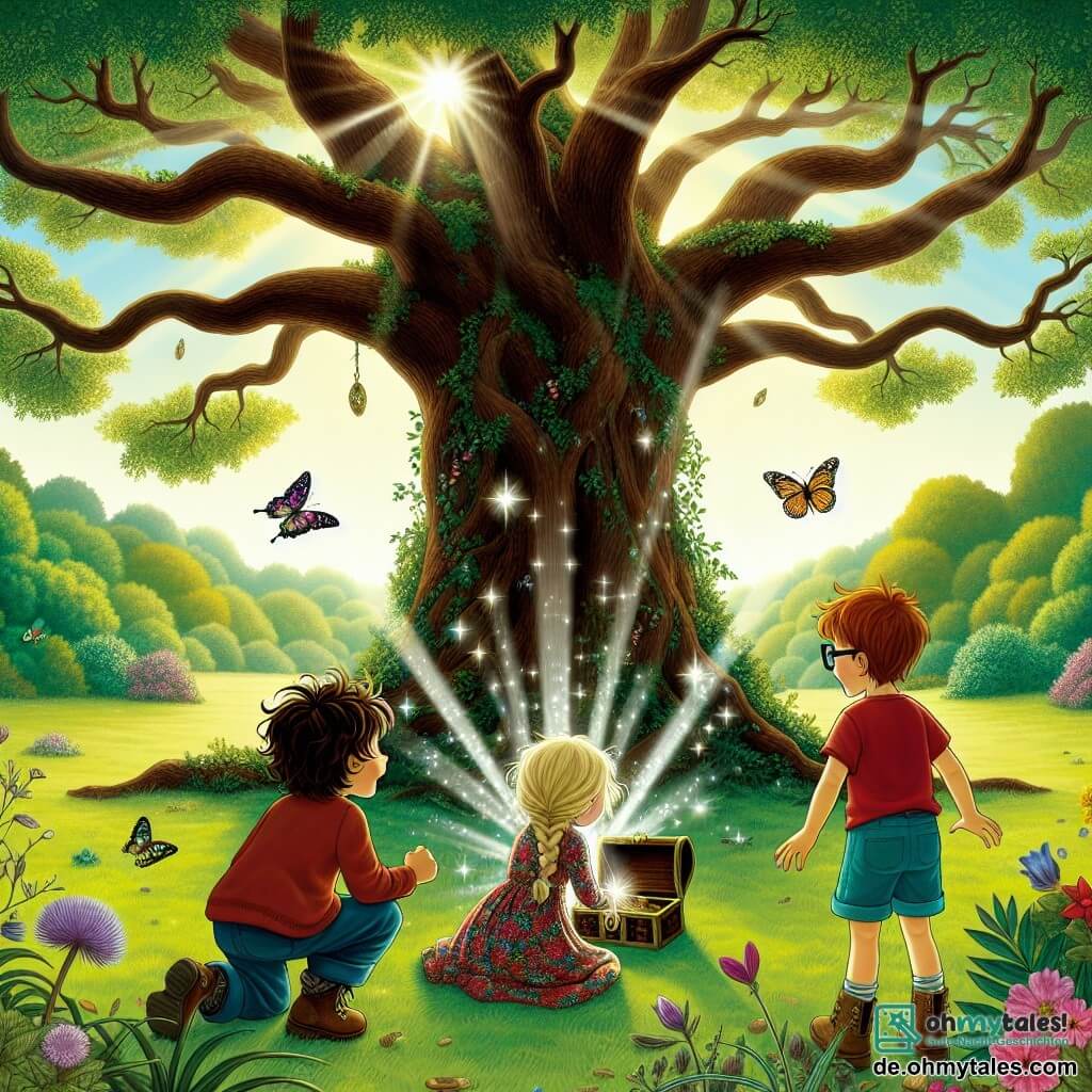 Eine Illustration zeigt einen majestätischen großen Baum im Zentrum einer grünen Lichtung, mit einem dicken Stamm und Ästen, die wie Arme zum Himmel reichen. Sonnenstrahlen filtern durch das Laub und erzeugen Lichtmuster auf dem grasbewachsenen Boden. Drei kleine Abenteurer stehen vor dem Baum: ein 8-jähriger Junge mit zerzausten braunen Haaren, der ein rotes T-Shirt und eine blaue Shorts trägt und mit Staunen eine kleine Truhe betrachtet, die er gerade entdeckt hat. Neben ihm steht ein 7-jähriges Mädchen mit geflochtenen blonden Haaren in einem bunten Blumenkleid, das fröhlich lächelt und einen wunderschönen, glänzenden Stein hält. Das dritte Kind, ein 6-jähriger Junge mit Brille und kastanienbraunen Haaren, hockt neugierig, um die Truhe zu untersuchen. Die Szene fängt die Aufregung und Magie ihrer Entdeckung ein, während sie gemeinsam diesen Schatz unter dem Baum erkunden. Bunte Schmetterlinge fliegen um sie herum und verleihen der Umgebung einen Hauch von Fantasie. Im Hintergrund ergänzen wildwachsende Blumen und grüne Sträucher dieses bezaubernde Bild von Freundschaft und Abenteuer.