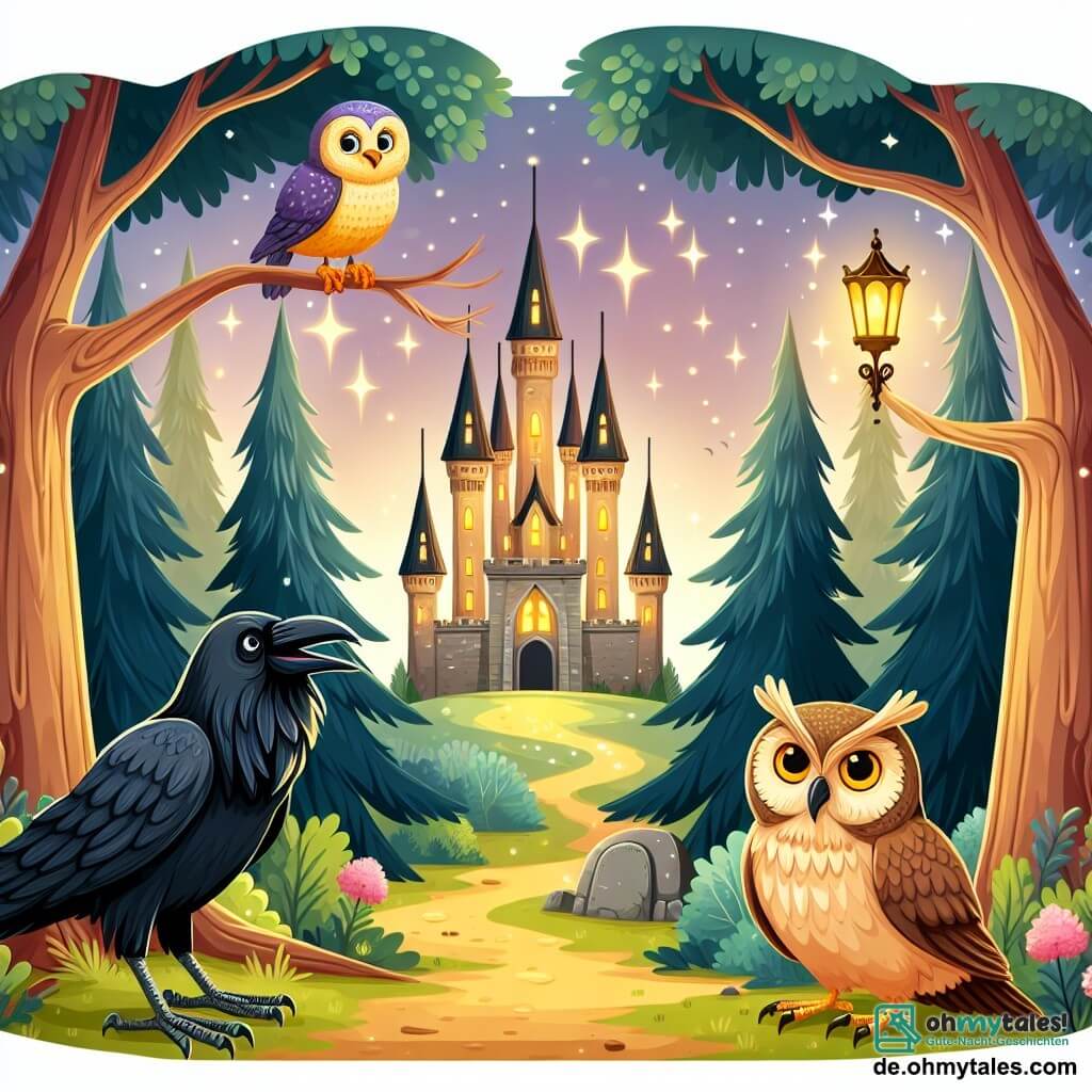 Une illustration destinée aux enfants représentant un corbeau malicieux, une vieille chouette sage, une lumineuse clairière entourée de grands arbres dans laquelle se trouve un magnifique château doré.